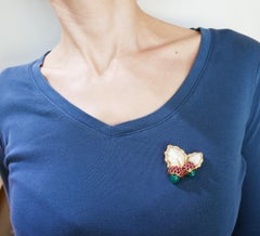 Dior Yellow Gold Acorn Pin Brooch Clip Pendant Chrysoprase Rubelite Diamond MOP