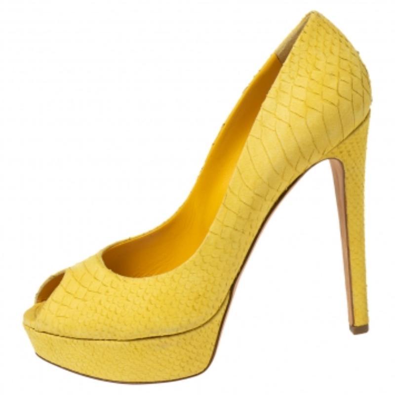 Dior Yellow Python Embossed Leather Miss Dior Platform Pumps Size 41 In Good Condition In Dubai, Al Qouz 2