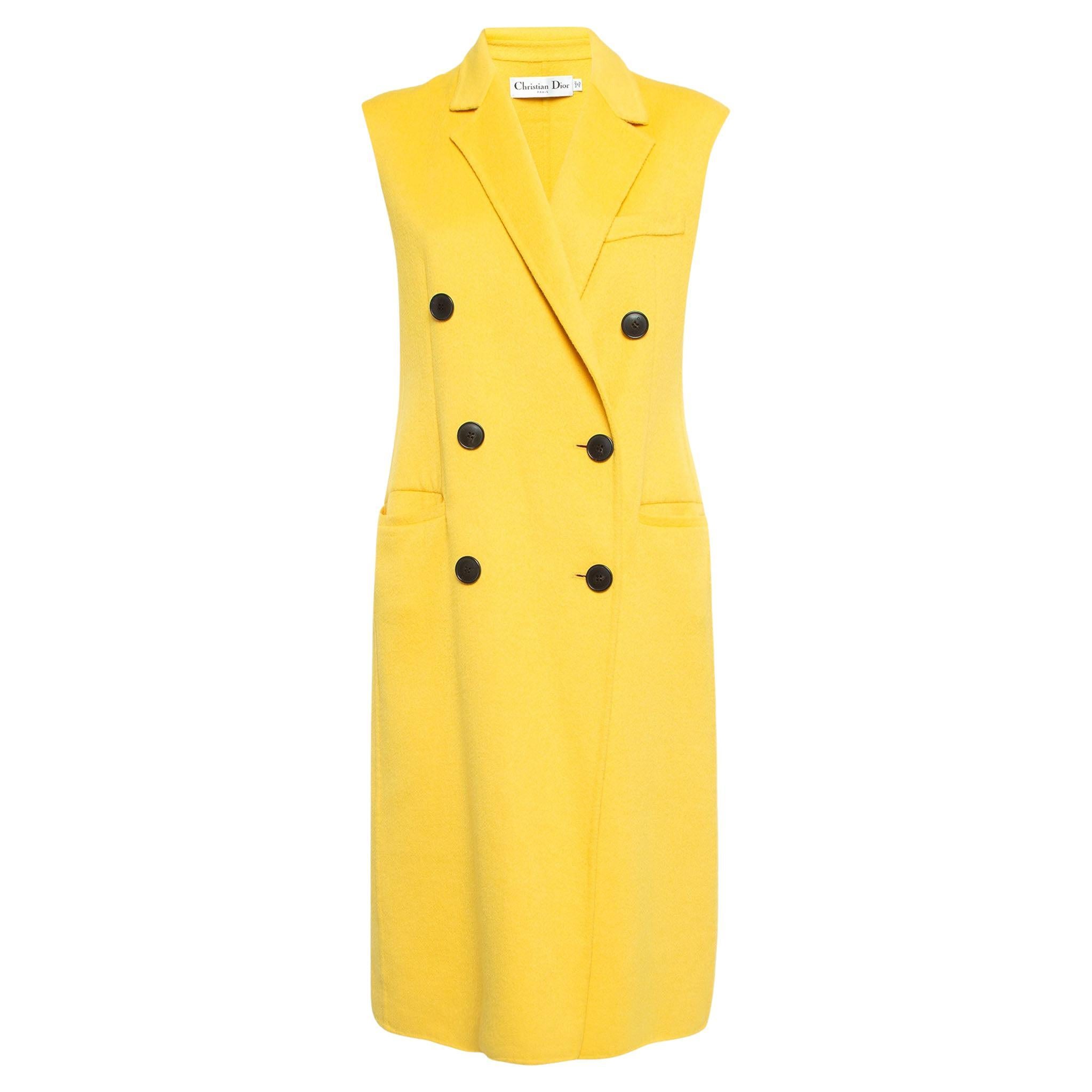 Dior Yellow Wool Blend Double Breasted Sleeveless Oversized Coat M For Sale