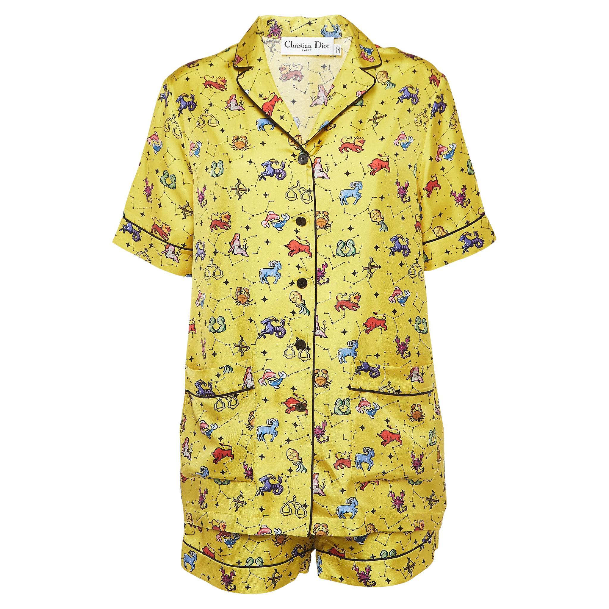 Dior Yellow Zodiac Print Silk Shirt and Shorts Set M/L