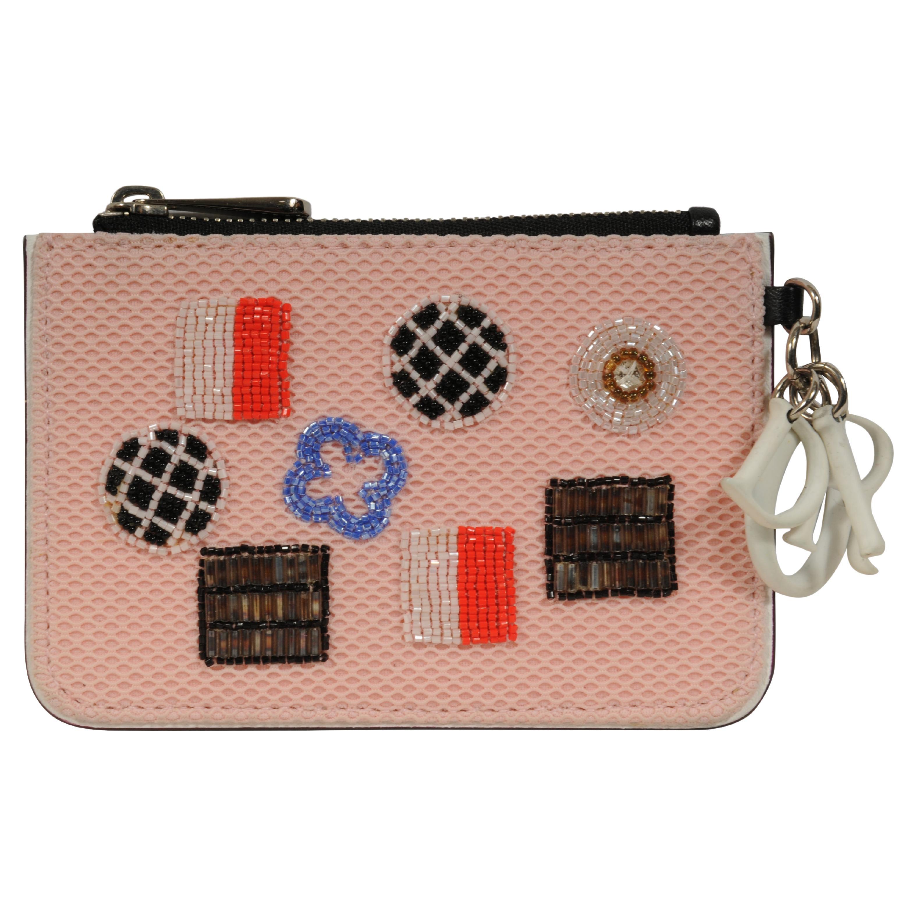 Dior Zip Crystal Embellished Card Wallet Pink Coin Pouch Oblique Spell Out Logo