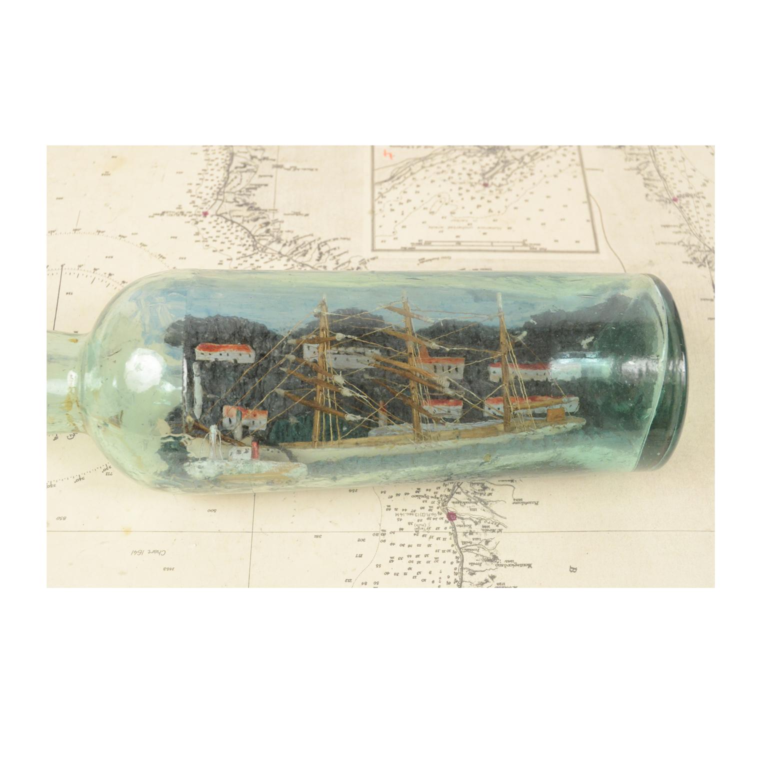 British Diorama in a Bottle, Depicting a 3-Masted Ship, 1920s