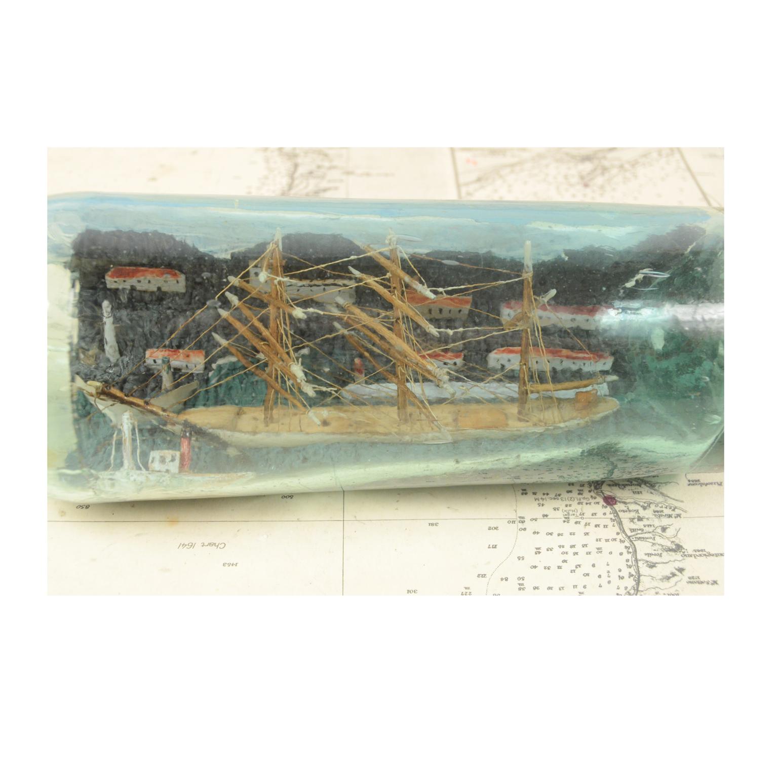 Glass Diorama in a Bottle, Depicting a 3-Masted Ship, 1920s