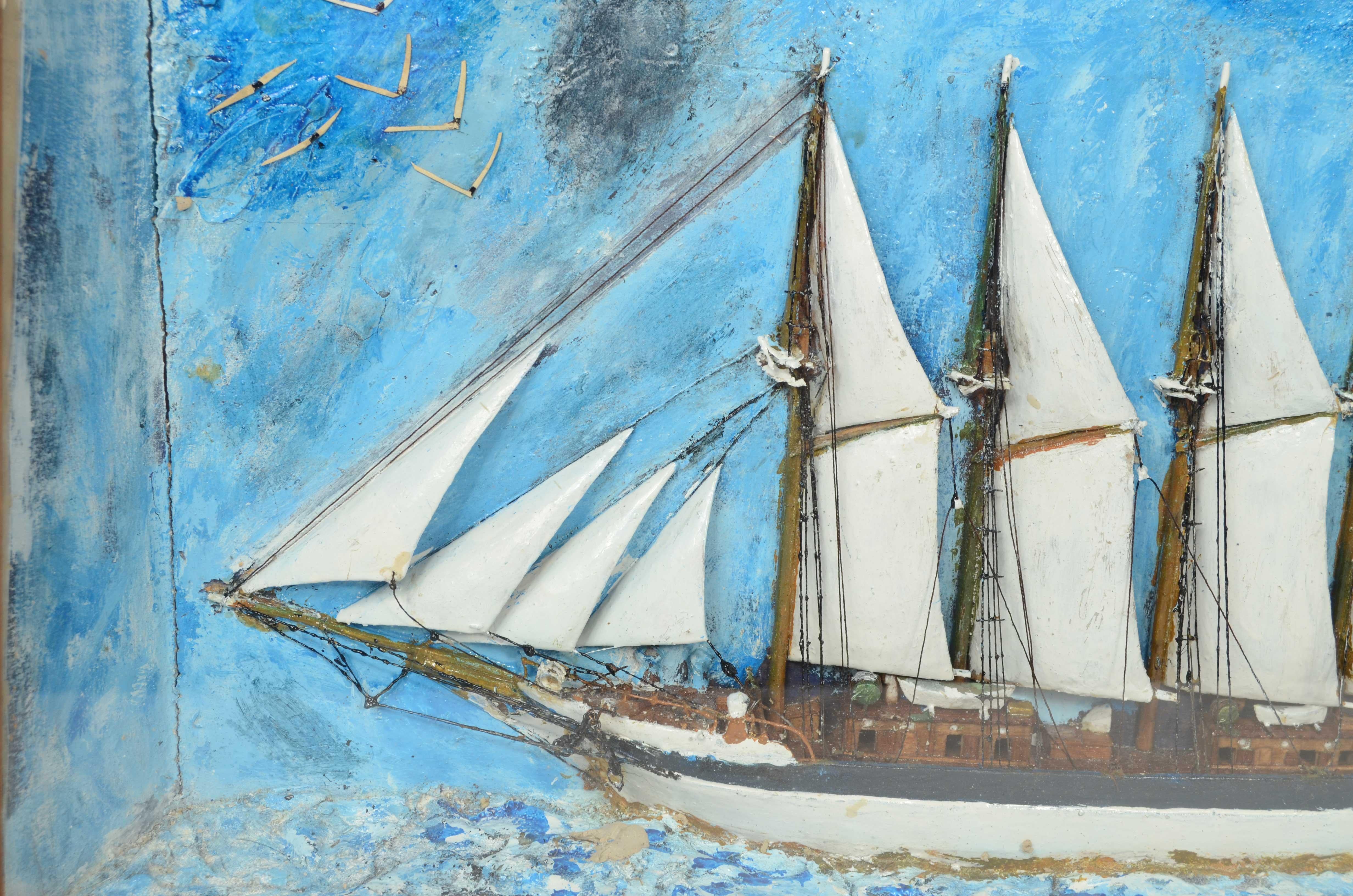 19th Century Diorama nautique de forme trapézoïdale d'une goélette à 5 mâts 1910 en vente