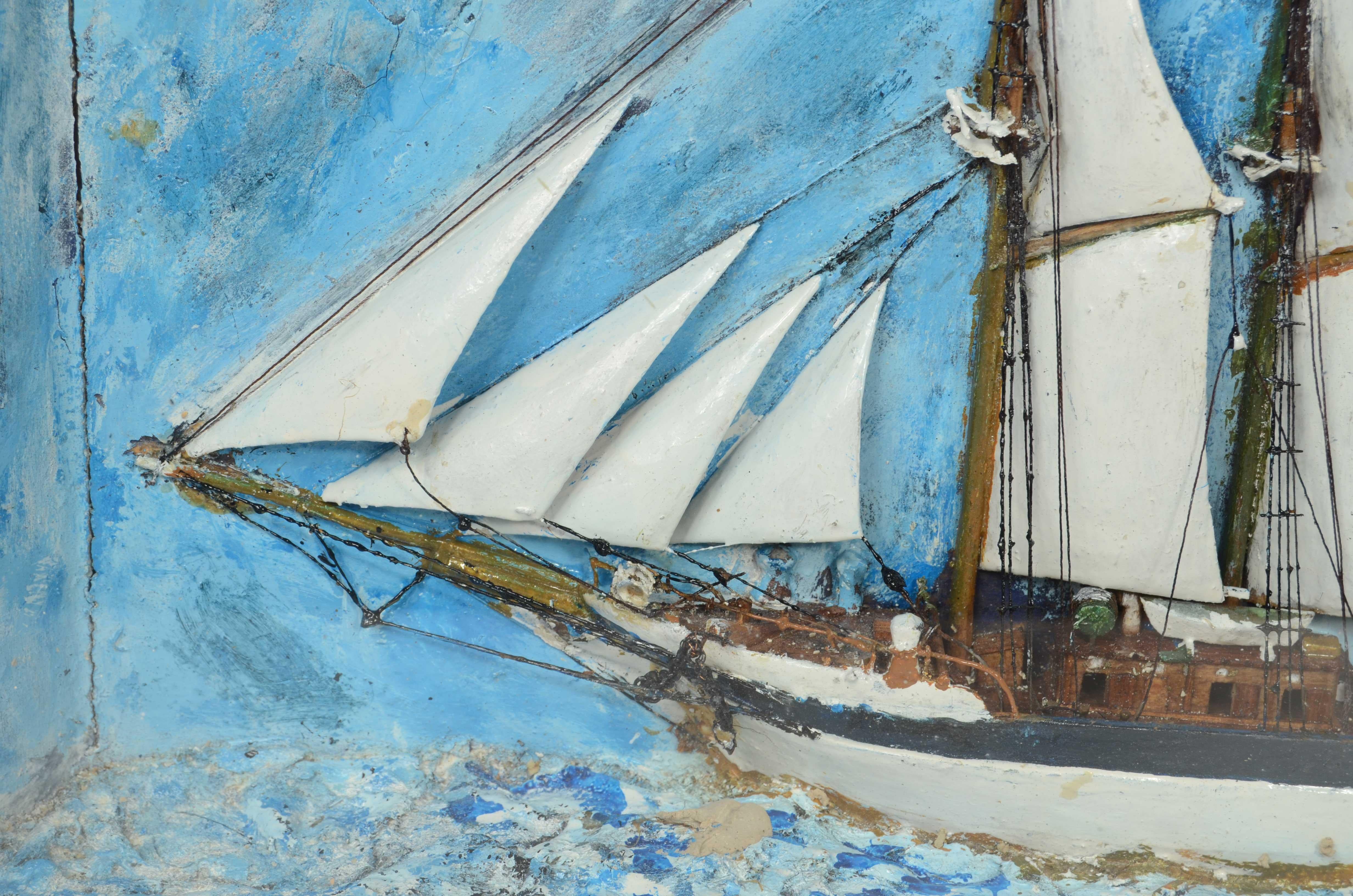 Bois Diorama nautique de forme trapézoïdale d'une goélette à 5 mâts 1910 en vente