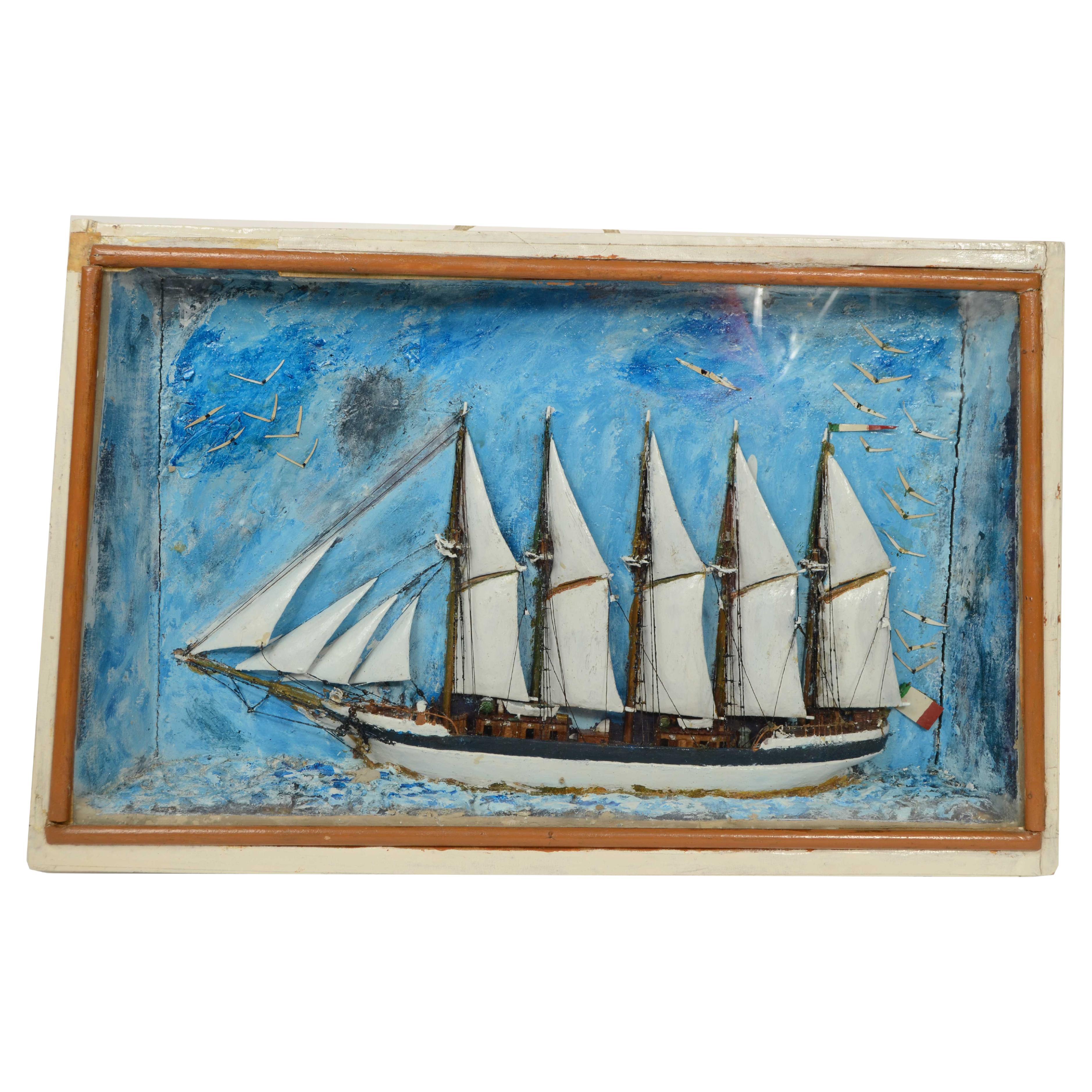 Nautical diorama in trapezoidal shaped case of a 5-masted schooner 1910
