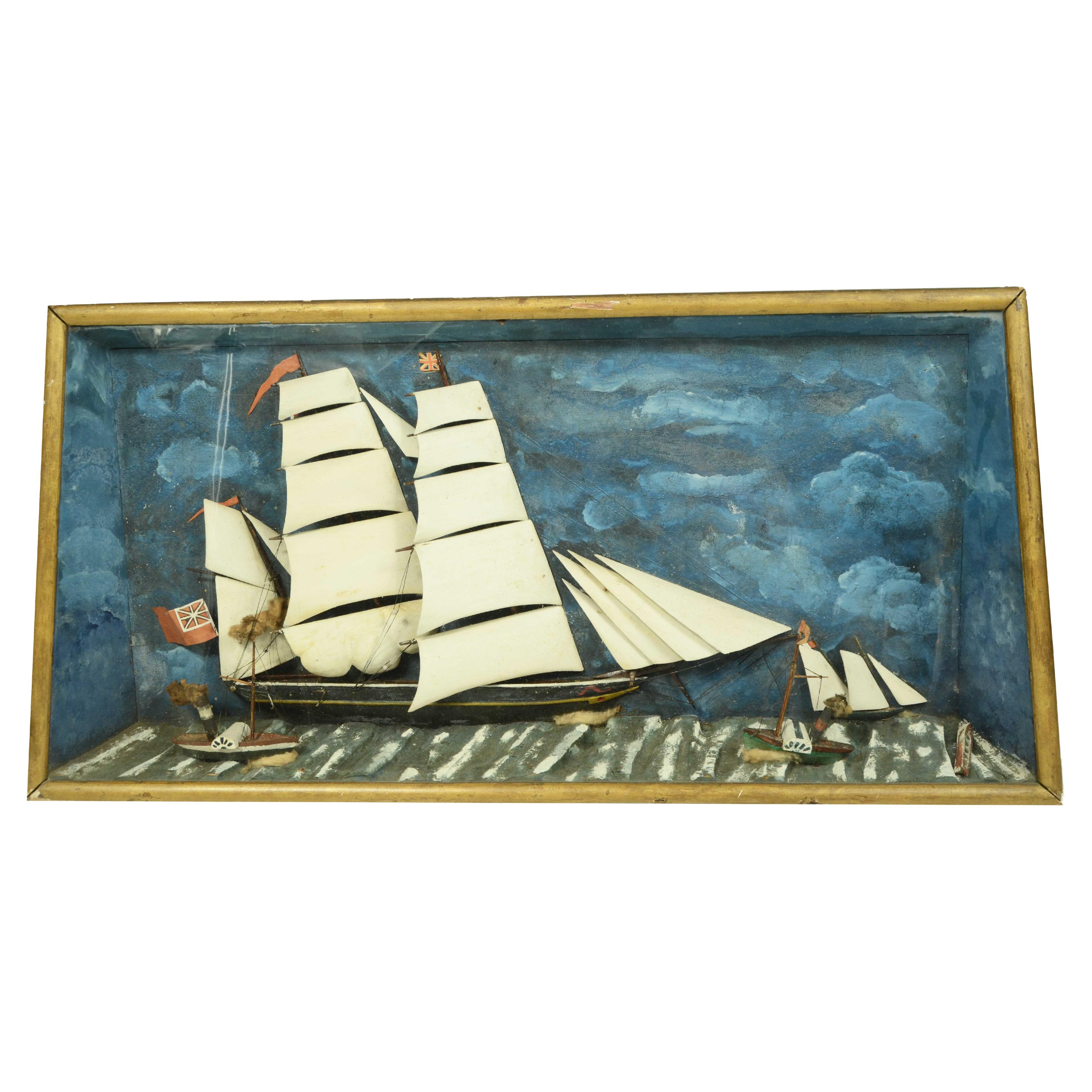 Diorama nautico in teca di legno e vetro di una goletta a vele spiegate inglese in vendita