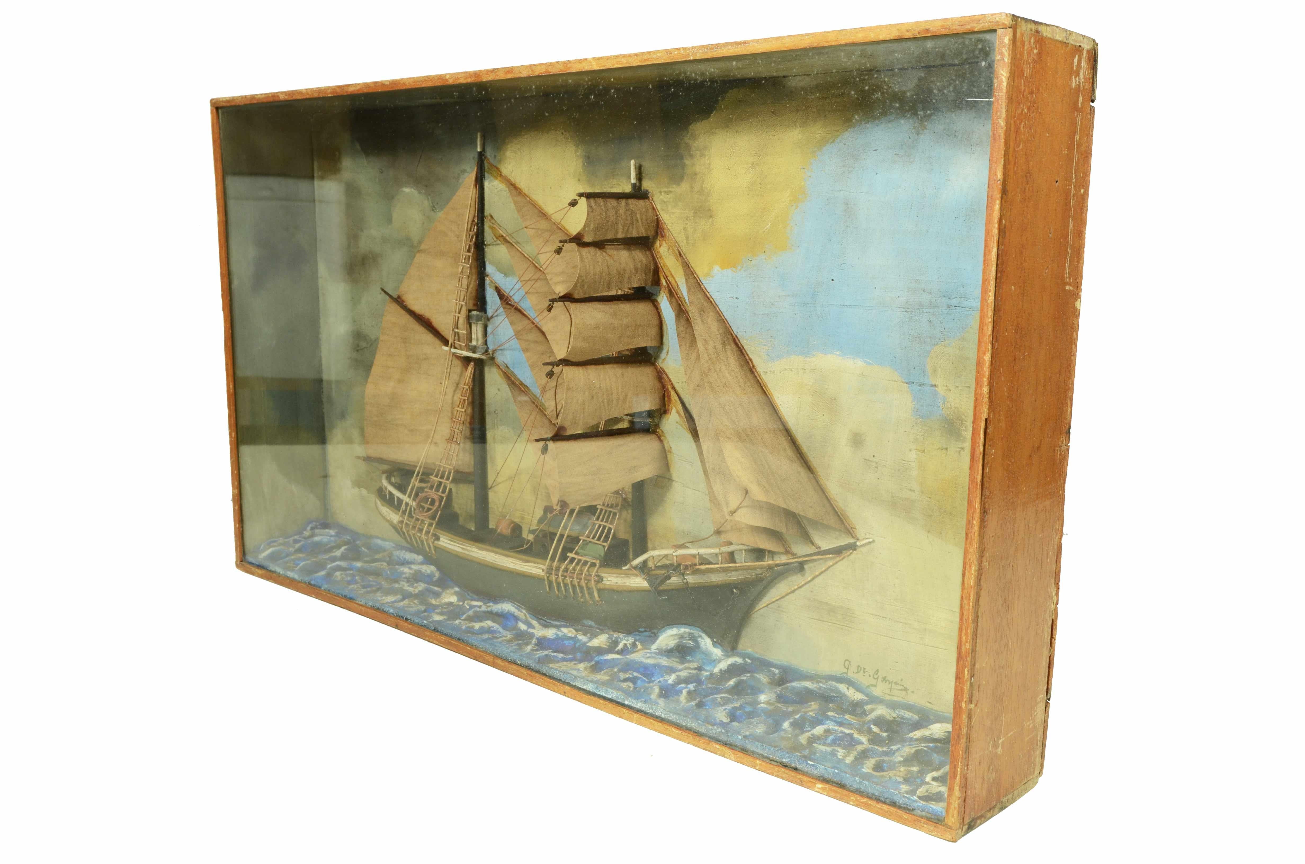 Diorama Nautico in teca di vetro e legno di un Brigantino firmato A. De Gasperi In condizioni buone in vendita a Milan, IT