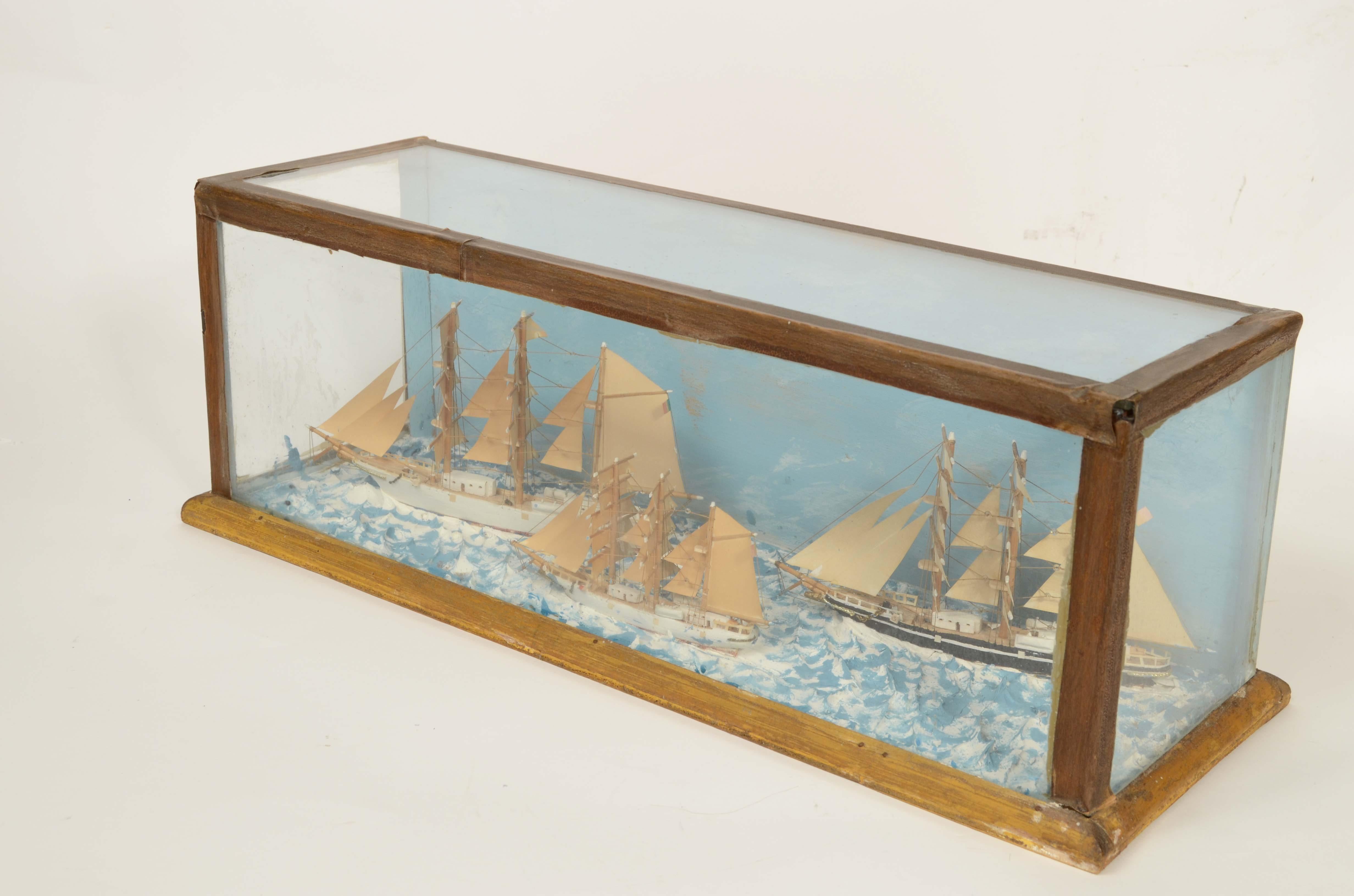 Nautical diorama in glass case depicting 3 ships at sea Italy 1920s For Sale 6