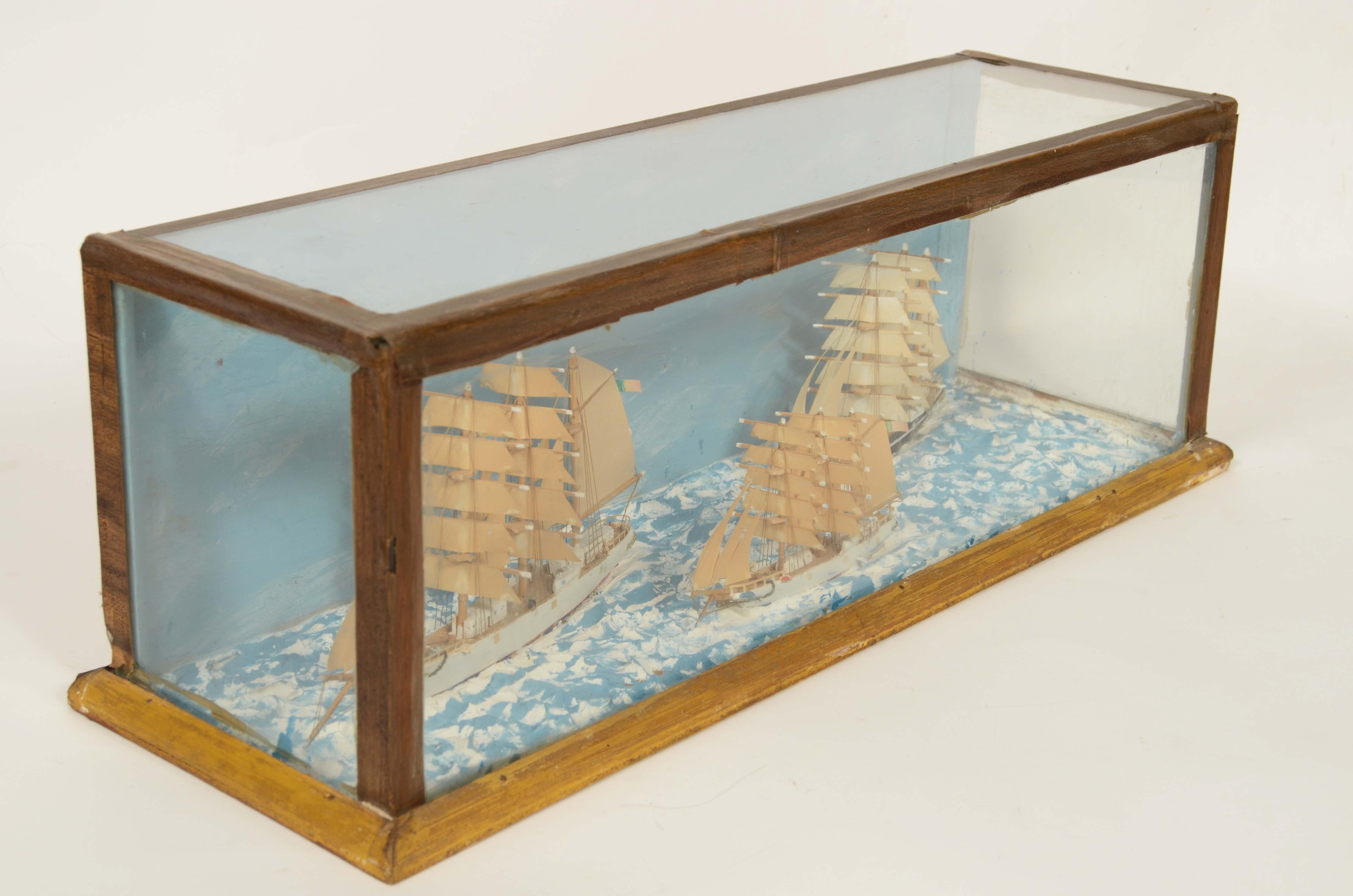 Nautical diorama in glass case depicting 3 ships at sea Italy 1920s For Sale 7