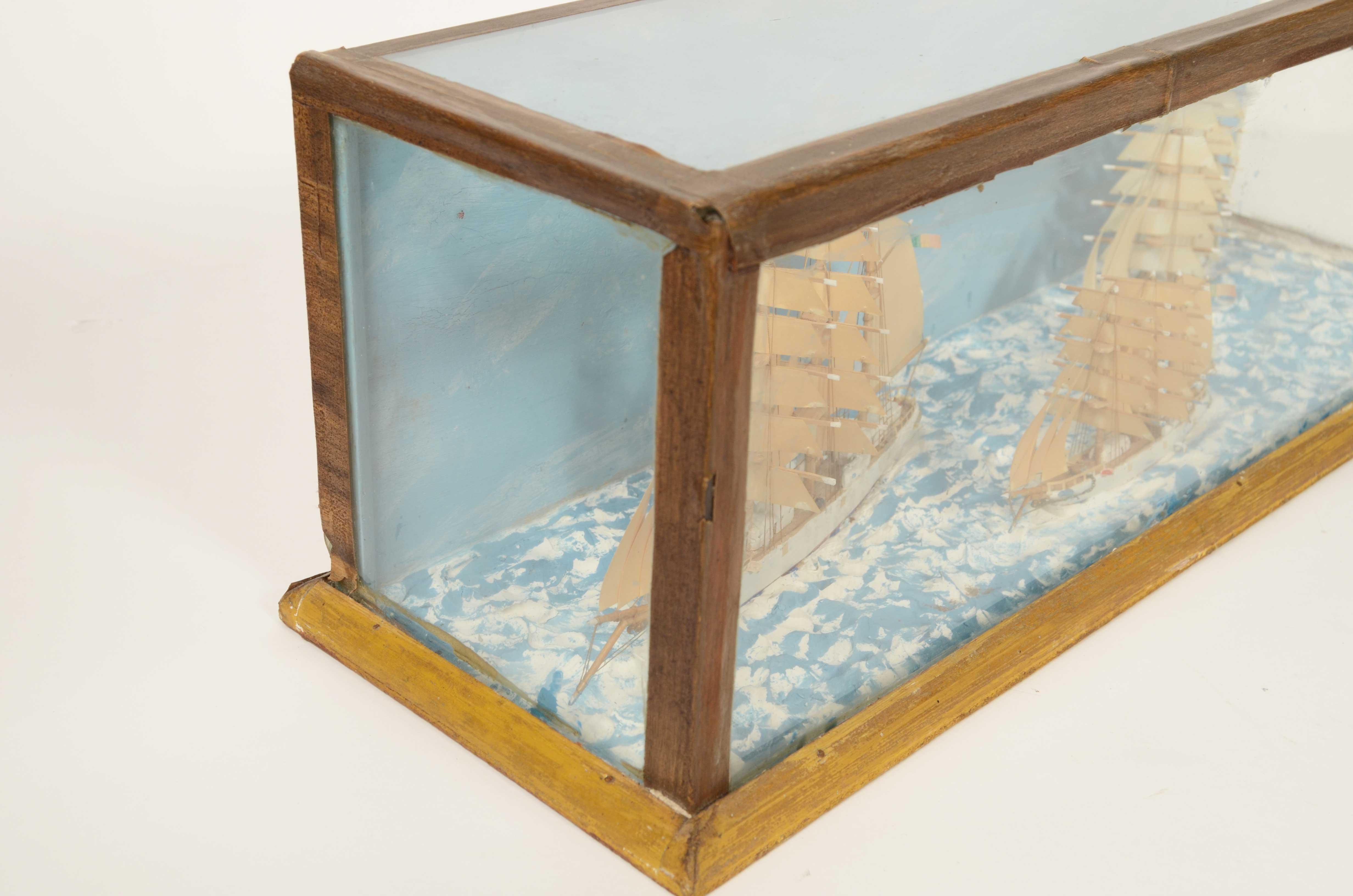 Nautical diorama in glass case depicting 3 ships at sea Italy 1920s For Sale 10