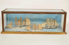 Nautical diorama in glass case depicting 3 ships at sea Italy 1920s