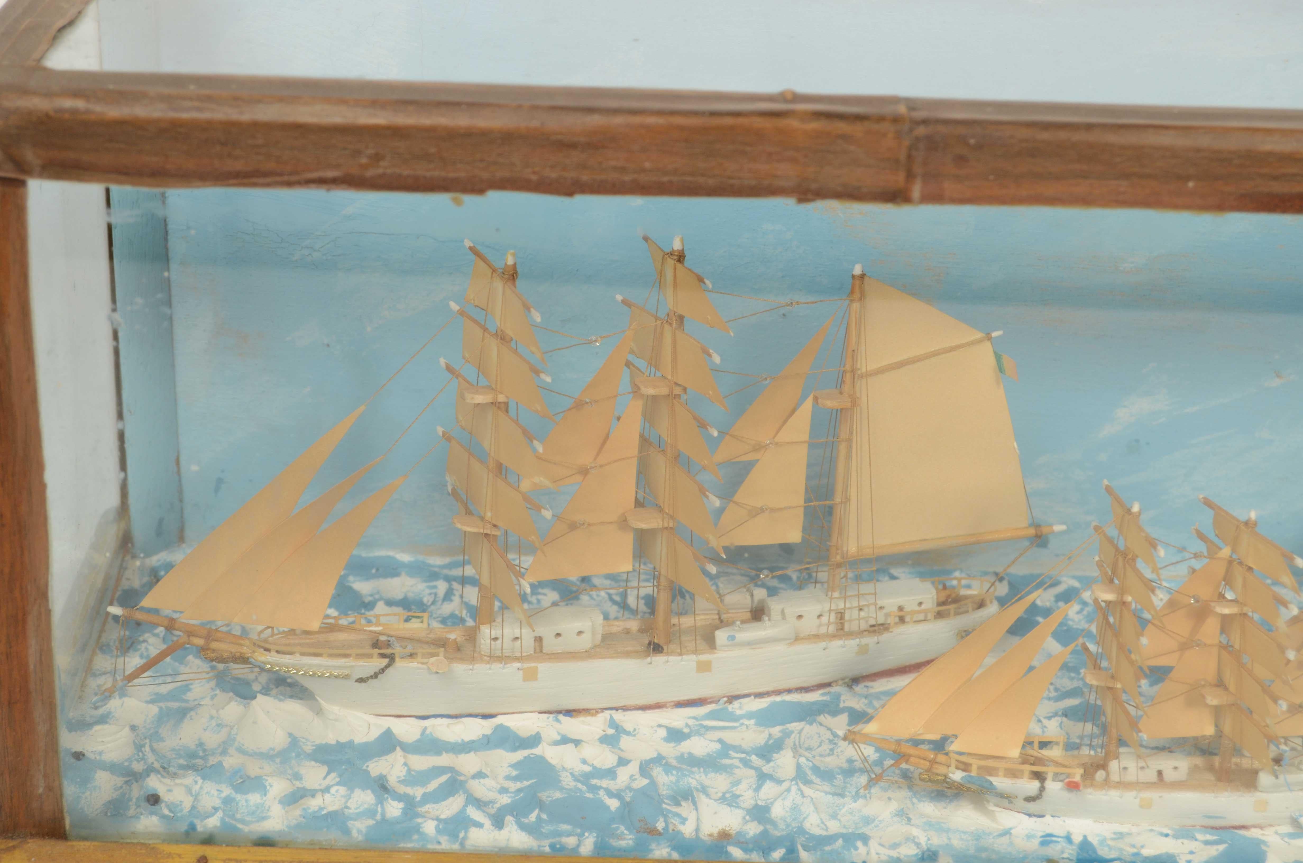 Glass Nautical diorama in glass case depicting 3 ships at sea Italy 1920s For Sale