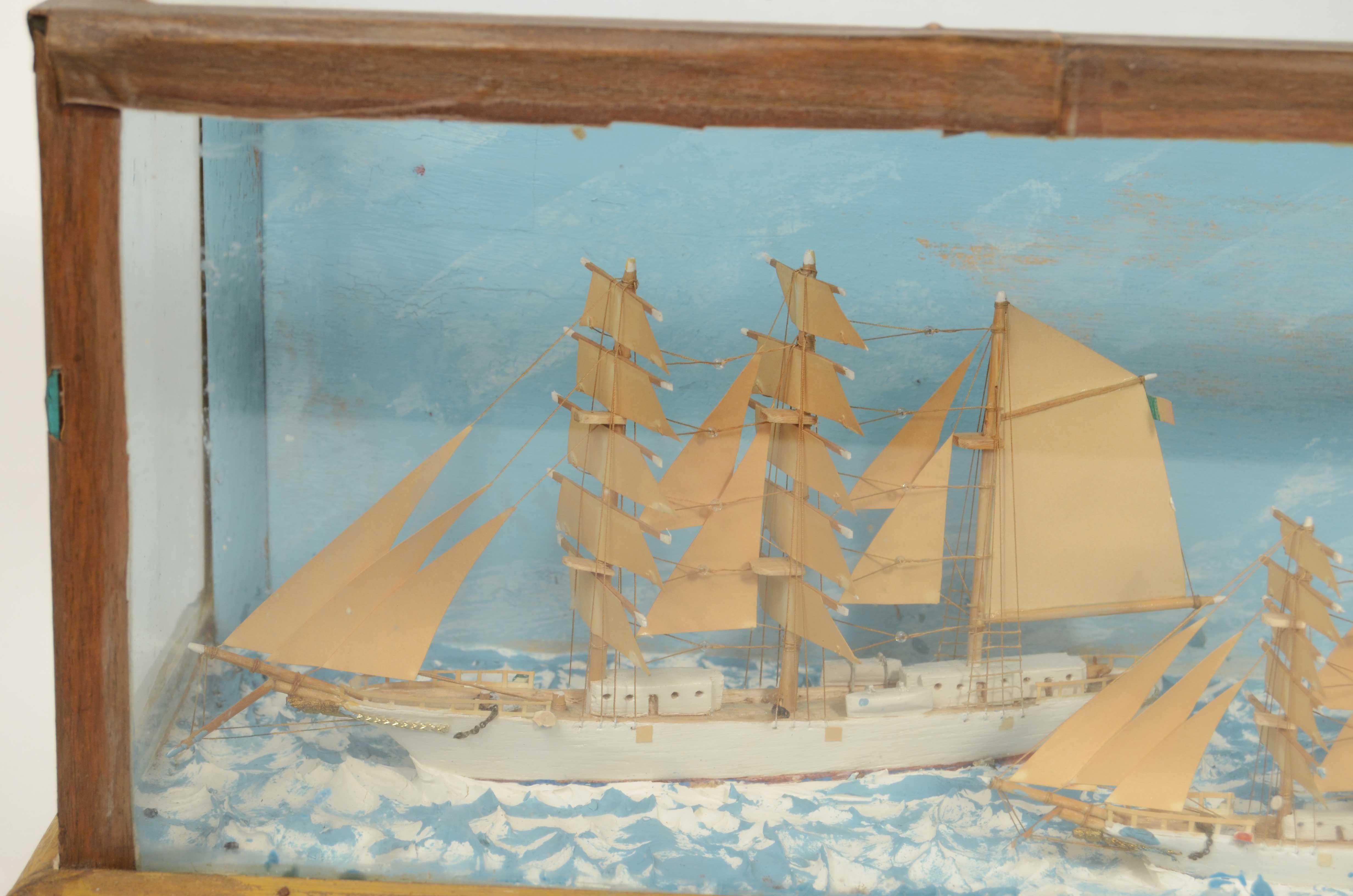 Nautical diorama in glass case depicting 3 ships at sea Italy 1920s For Sale 1