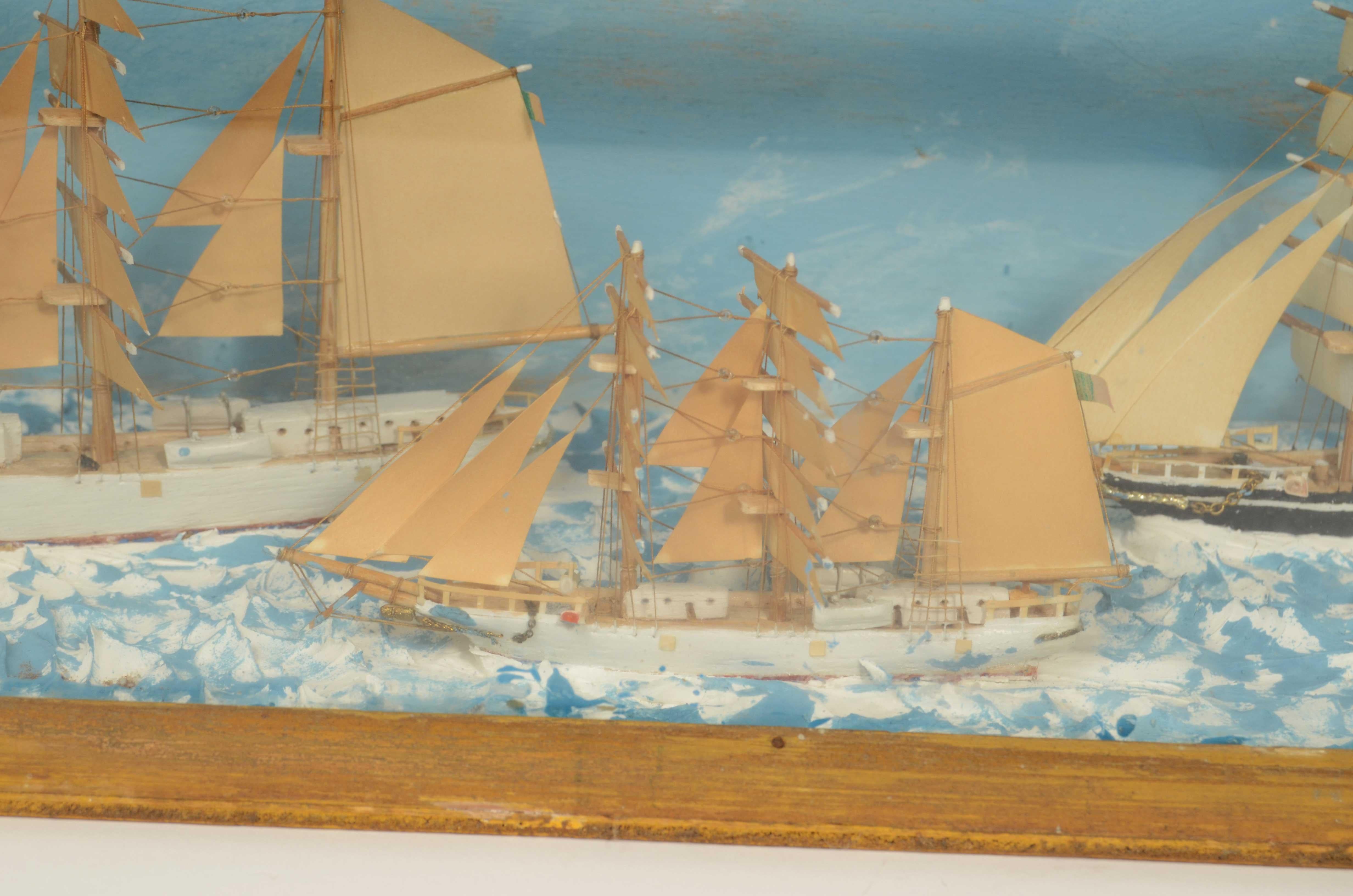 Nautical diorama in glass case depicting 3 ships at sea Italy 1920s For Sale 2