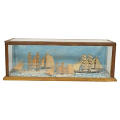 Nautical diorama in glass case depicting 3 ships at sea Italy 1920s