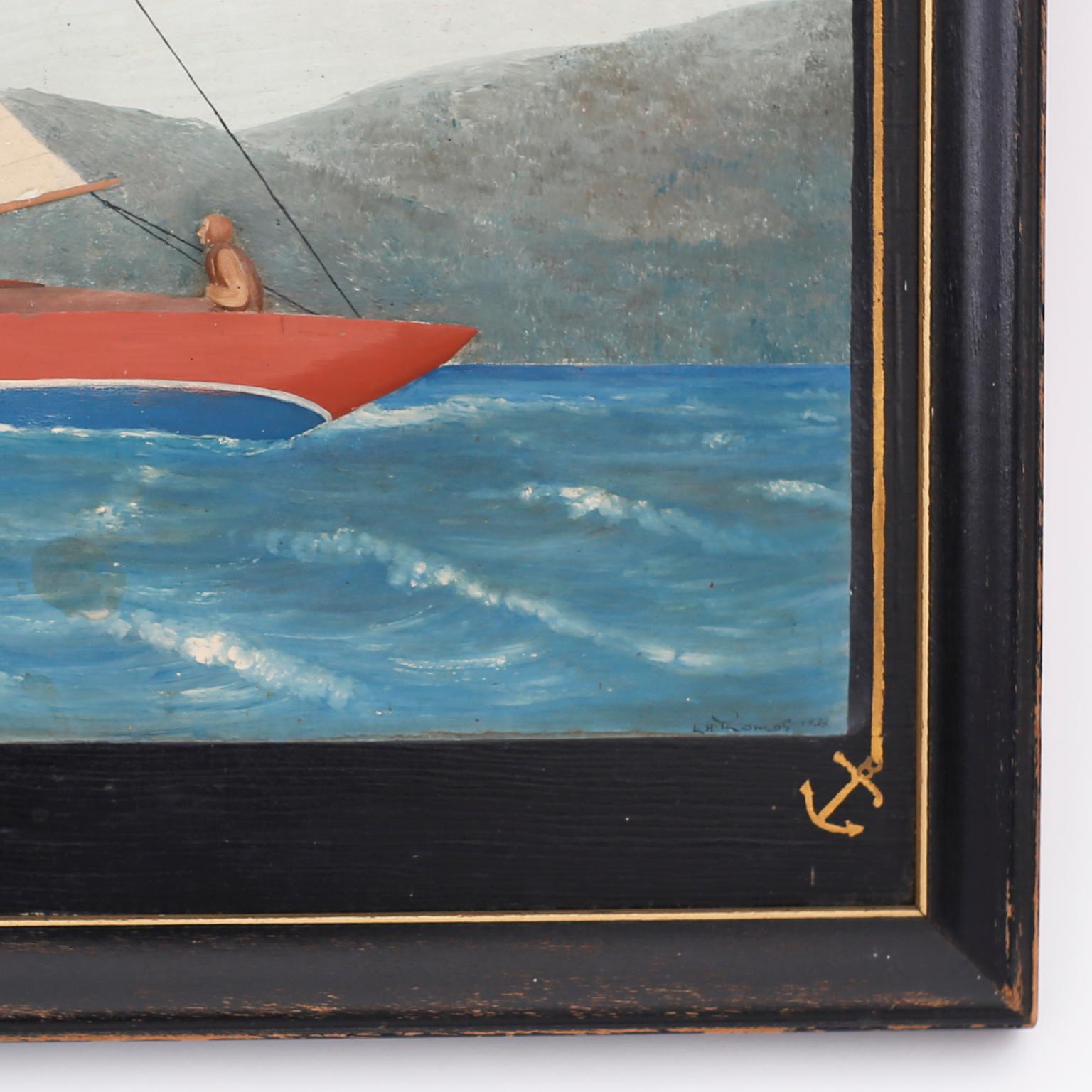 American Diorama of a Sailboat on a Lake, Dated 1933