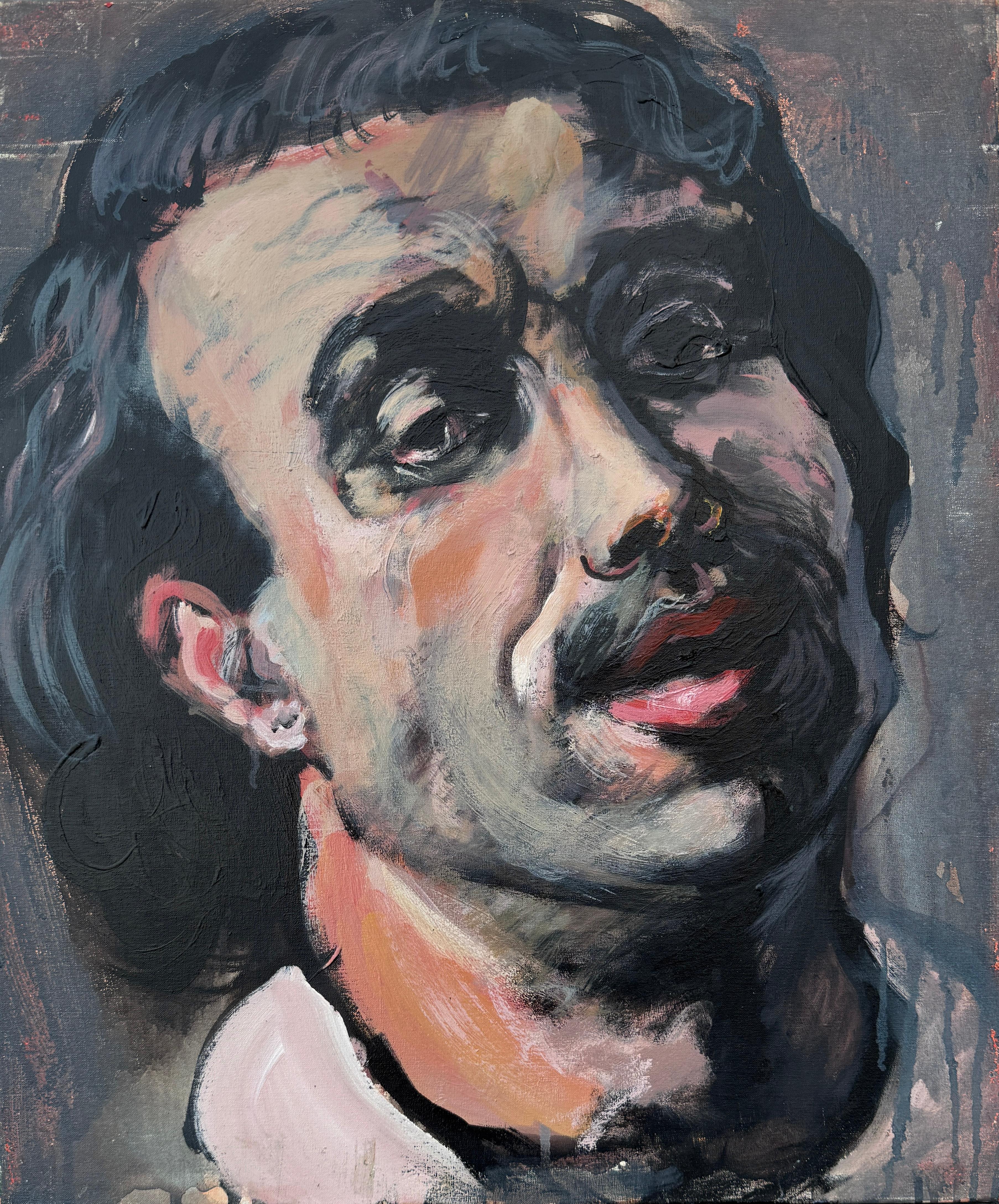 Expressionist Männliches Porträt mit aufgedrehtem Gesicht Öl Leinwand Gemälde Europäische Kunst