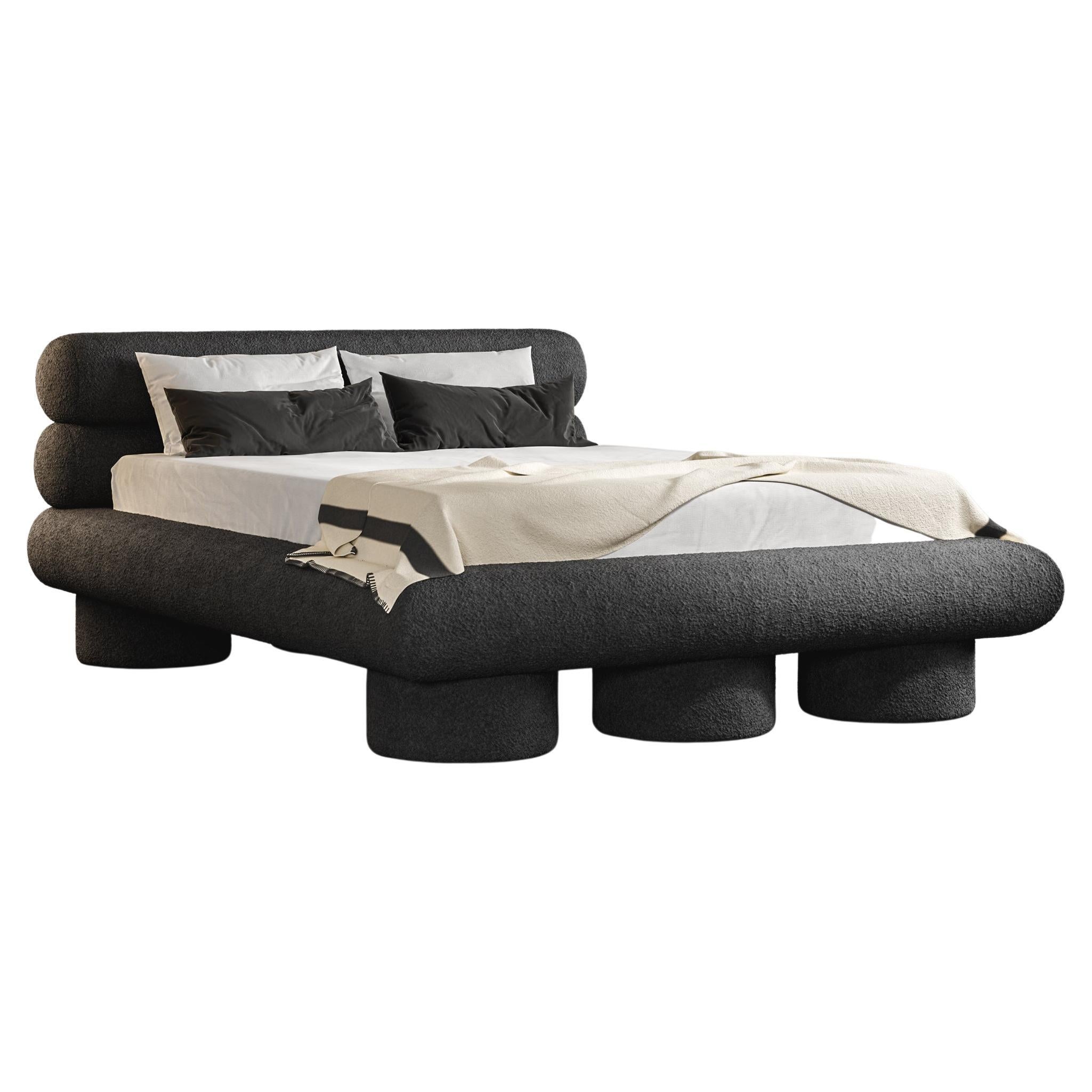 Niedriges Dip-Bett, modernes Design aus schwarzem Ewe-Bouclé