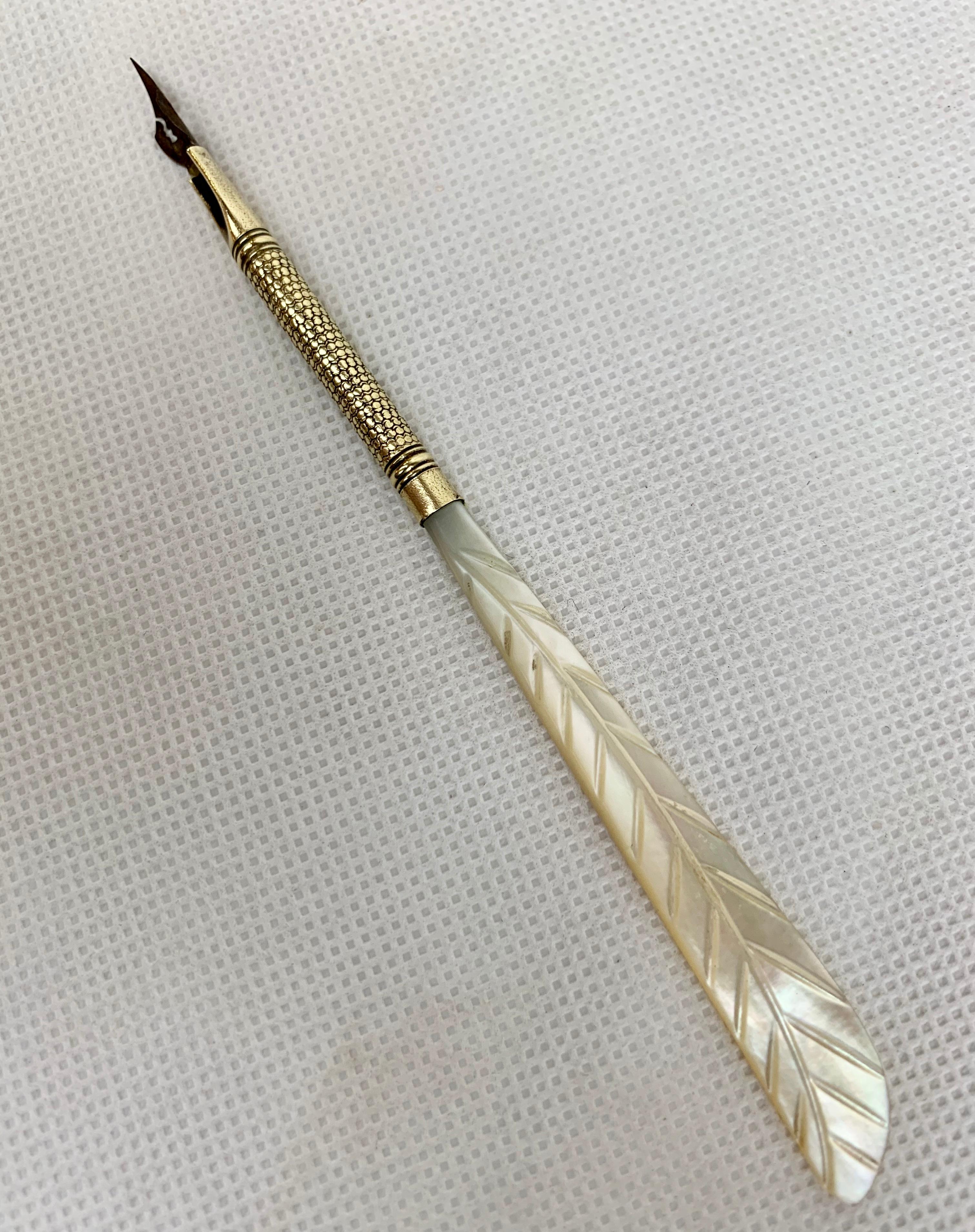 Carved Mother of Pearl Pen with a Feather Motif in a Velvet Case In Good Condition In West Palm Beach, FL