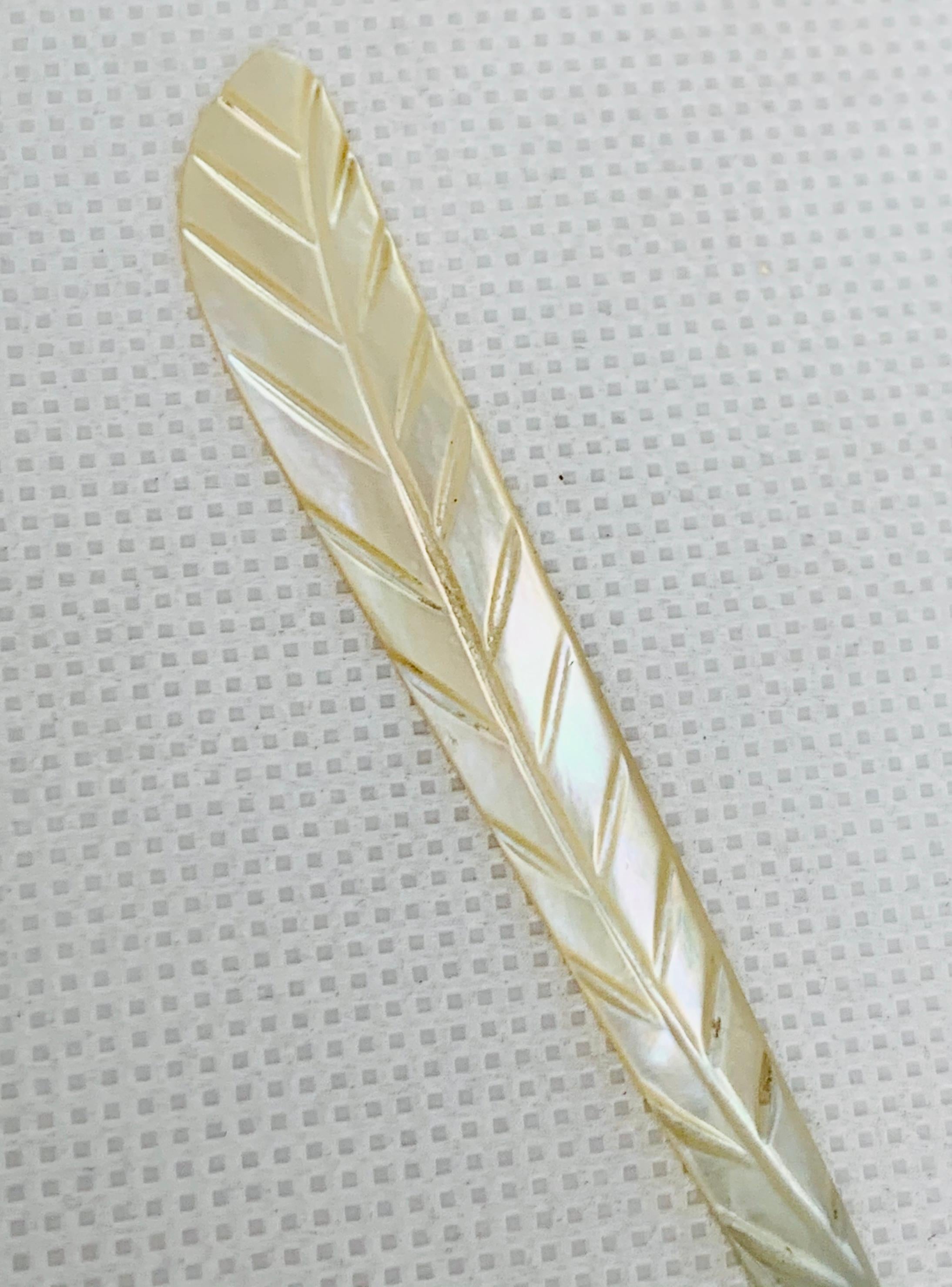 Brass Carved Mother of Pearl Pen with a Feather Motif in a Velvet Case