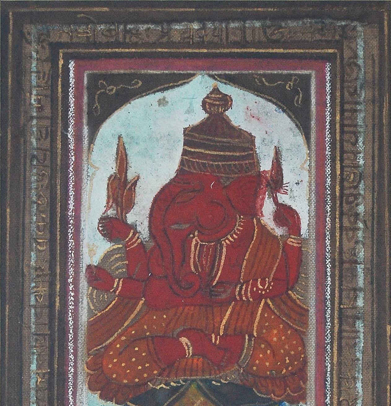 Ganesha, Gott, Hand Made Pigmente auf Leinwand, rot, blau von indischen Künstler 