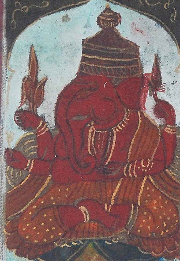 Ganesha, Dios, Pigmentos Hand Made sobre Lienzo, Rojo, Azul por Artista Indio 