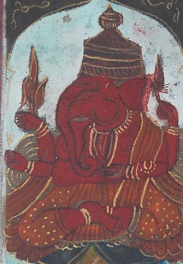 Ganesha, Gott, Hand Made Pigmente auf Leinwand, rot, blau von indischen Künstler 