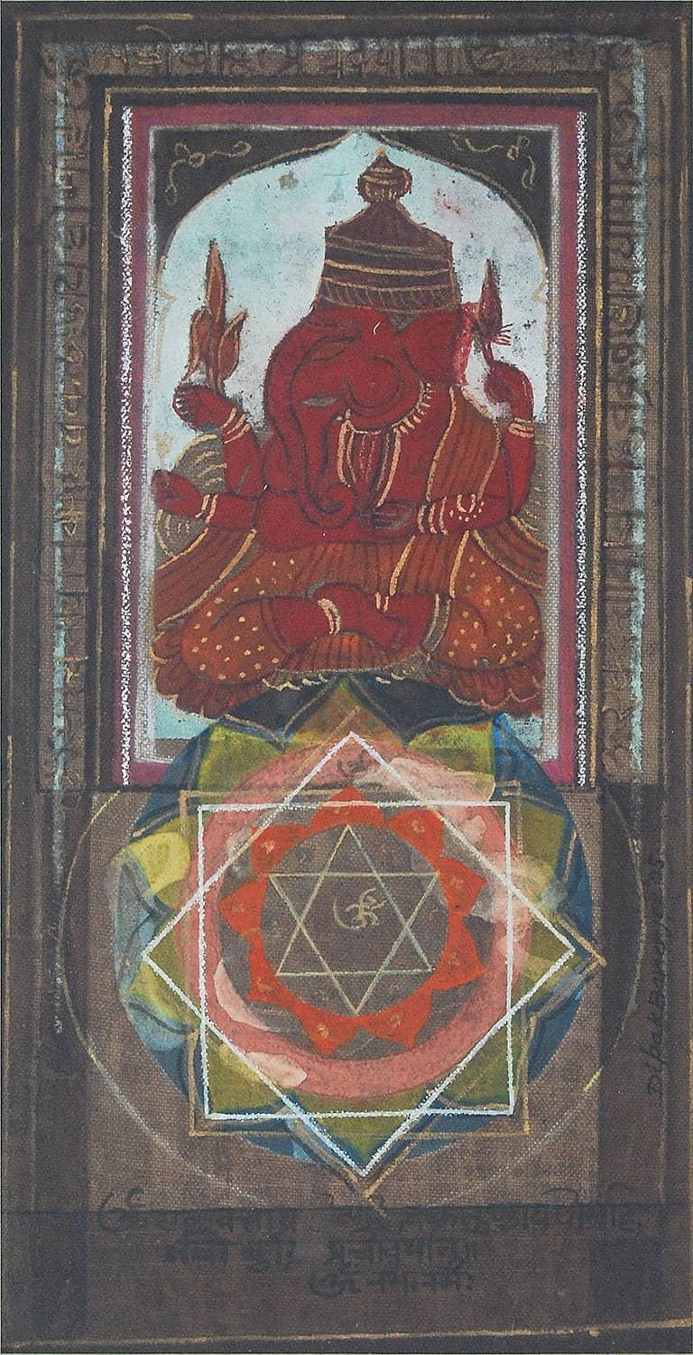 Ganesha, God, Hand Made Pigments on Canvas, Red, Blue by Indian Artist"In Stock" - Mixed Media Art by Dipak Banerjee