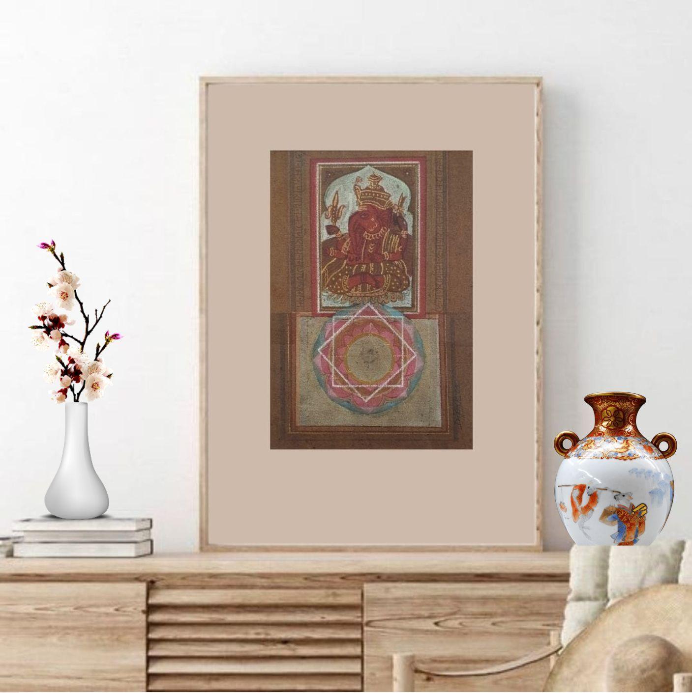 Ganesha, tecnica mista su tela, rosso, blu di artista indiano 