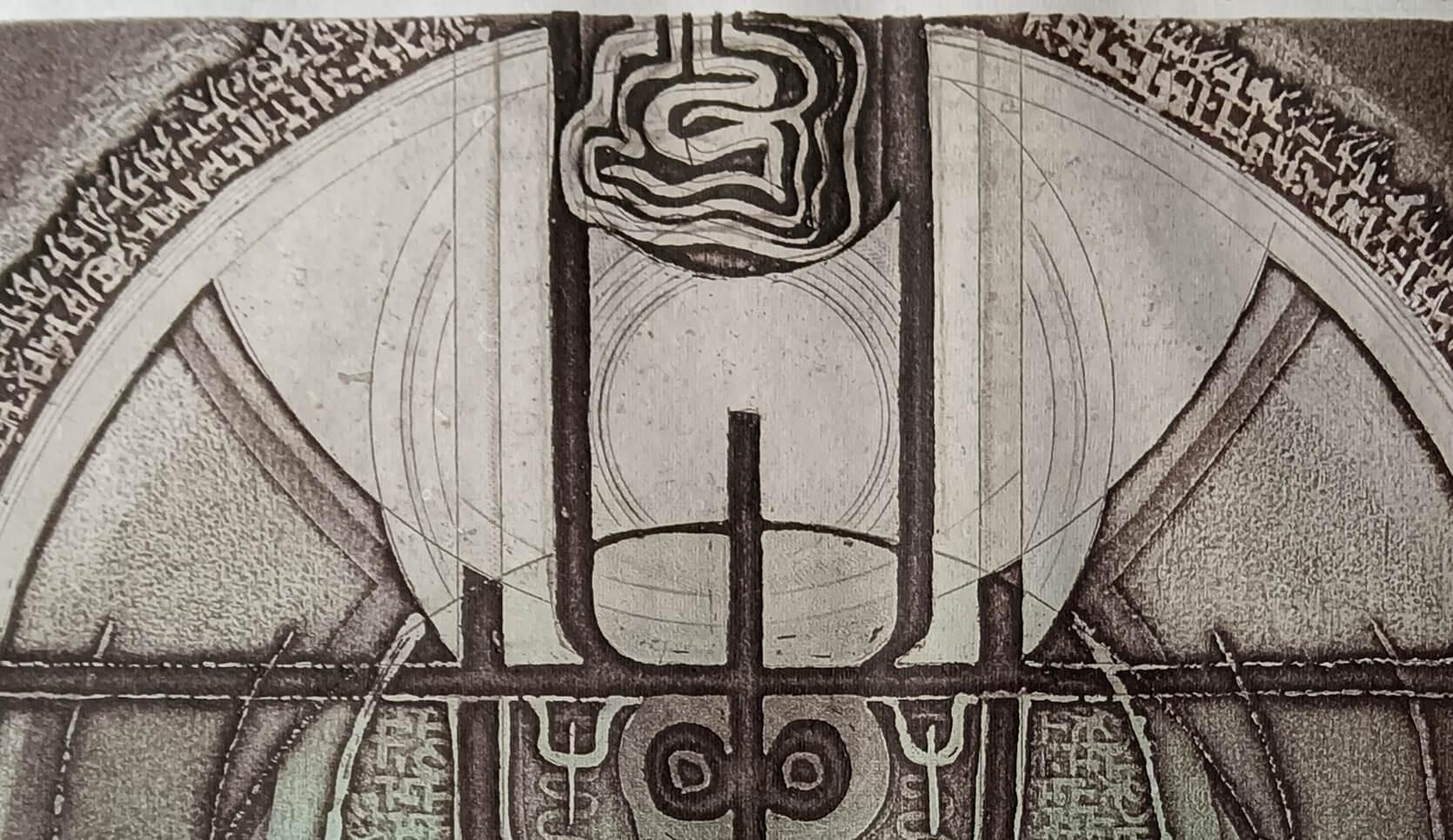 Sans titre, gravure sur papier, bleu, vert par l'artiste indien Dipak Banerjee-en stock en vente 1