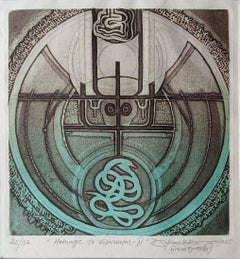Sans titre, gravure sur papier, bleu, vert par l'artiste indien Dipak Banerjee-en stock