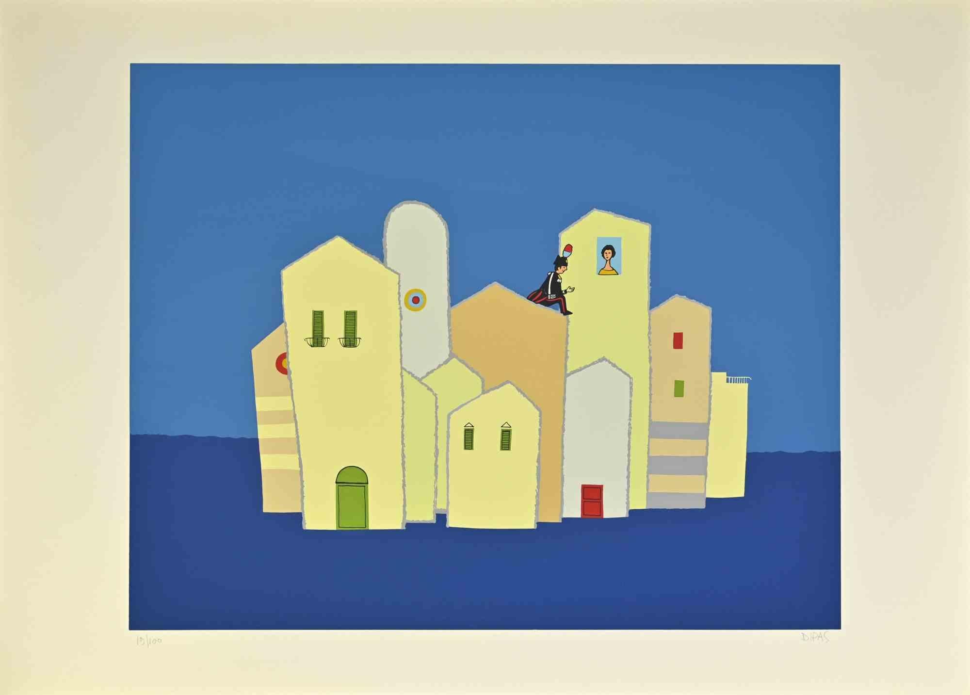 At the window is a contemporary artwork realized by the artist Dipas in the 1970s.

Mixed colored screen print.

Hand signed on the lower right margin.

Numbered on the lower left margin.

Edition of 19/100.

Yellowing paper.