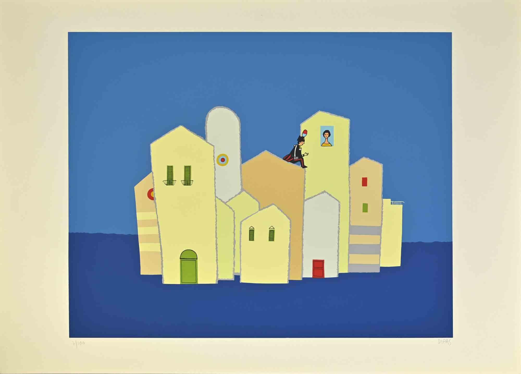 En la ventana hay una obra de arte contemporánea realizada por el artista Dipas en los años 70.

Serigrafía mixta de colores.

Firmado a mano en el margen inferior derecho.

Numerada en el margen inferior izquierdo.

Edición de