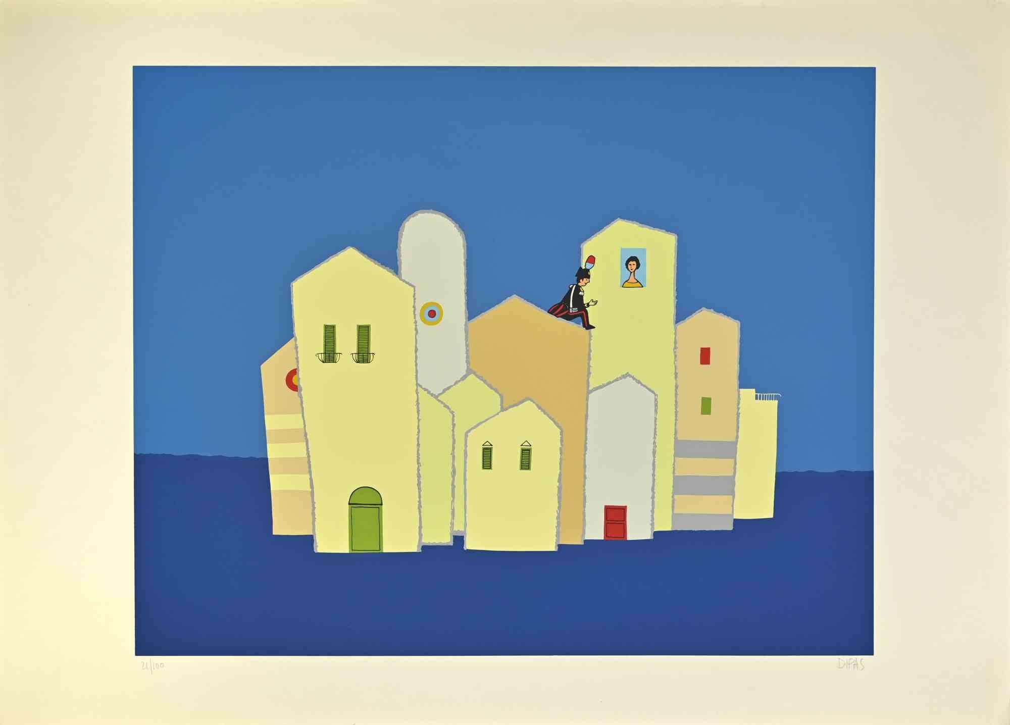 At the window is a contemporary artwork realized by the artist Dipas in the 1970s.

Mixed colored screen print.

Hand signed on the lower right margin.

Numbered on the lower left margin.

Edition of 21/100.

Yellowing of paper.