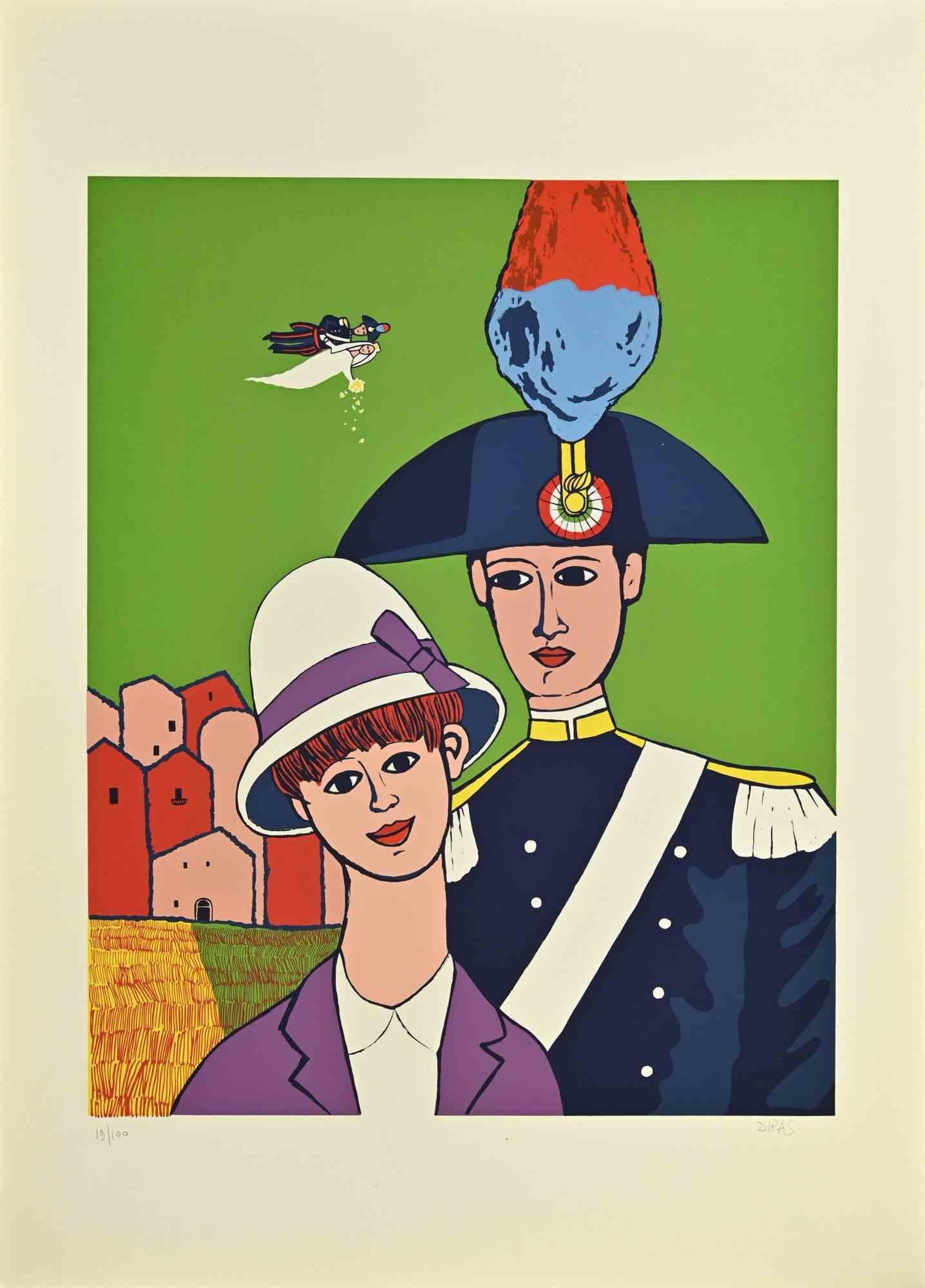 Carabineer in love is a contemporary artwork realized by the artist Dipas in the 1970s.

Mixed colored serigraph.

Hand signed on the lower right margin.

Numbered on the lower left margin.

Edition of 19/100.

