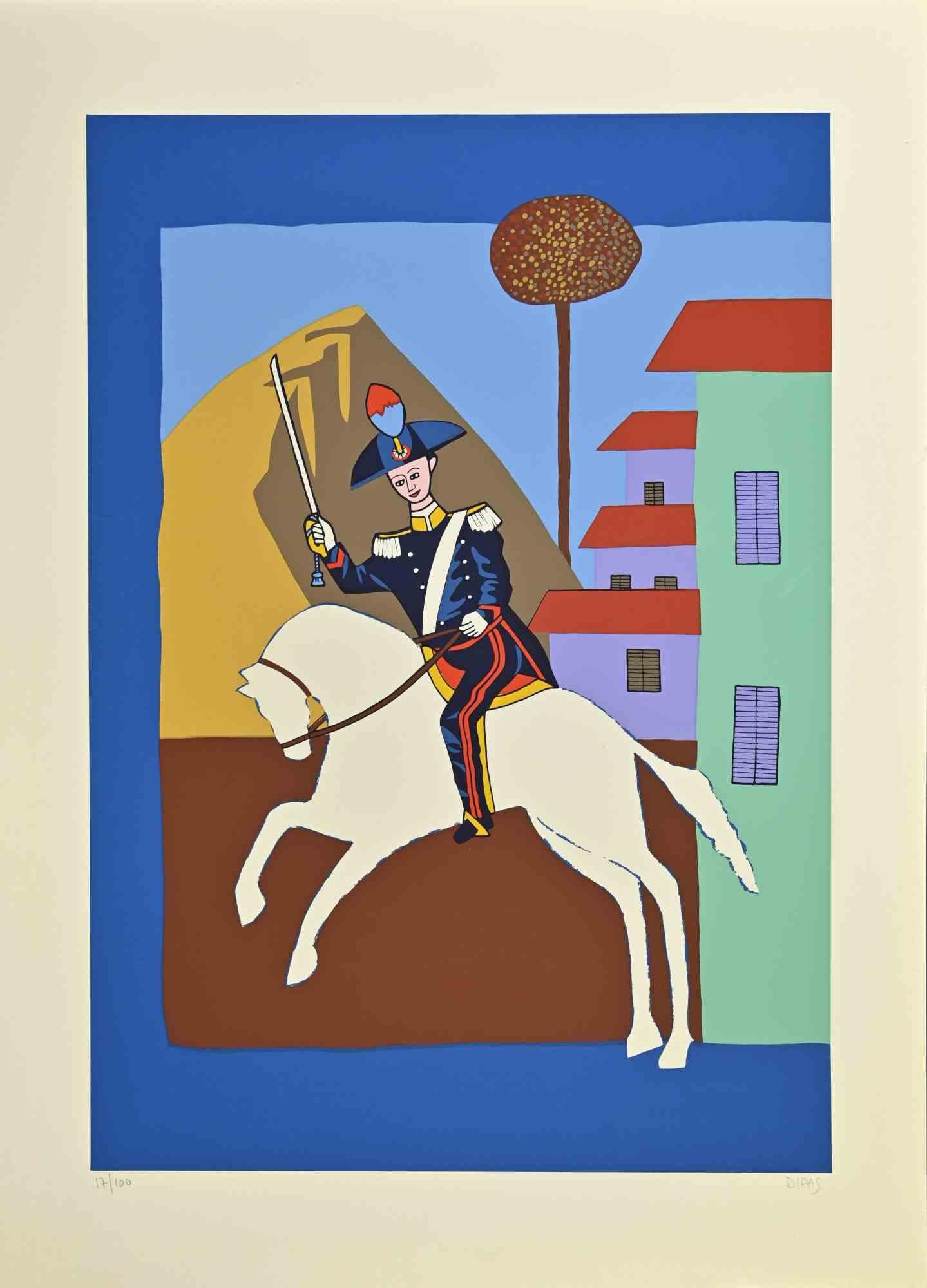 The greeting is a contemporary artwork realized by the artist Dipas in the 1970s.

Mixed colored screen print.

Hand signed on the lower right margin.

Numbered on the lower left margin.

Edition of 17/100.