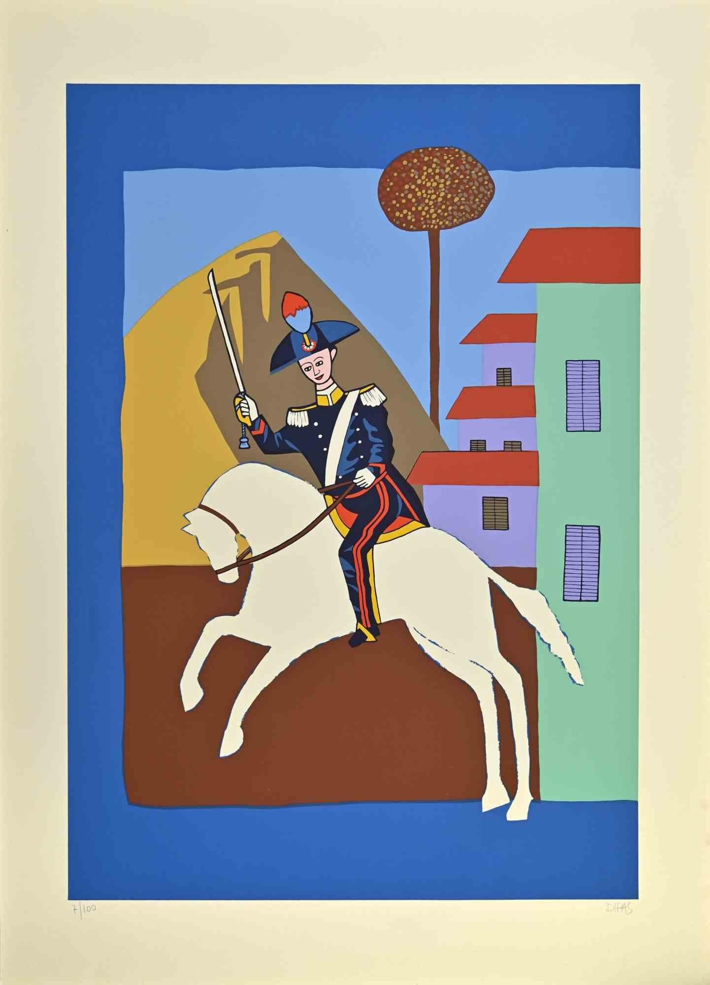 Carabinier Riding Horse is a contemporary artwork realized by the artist Dipas in the 1970s.

Mixed colored screen print.

Hand signed on the lower right margin.

Numbered on the lower left margin.

Edition of 7/100.