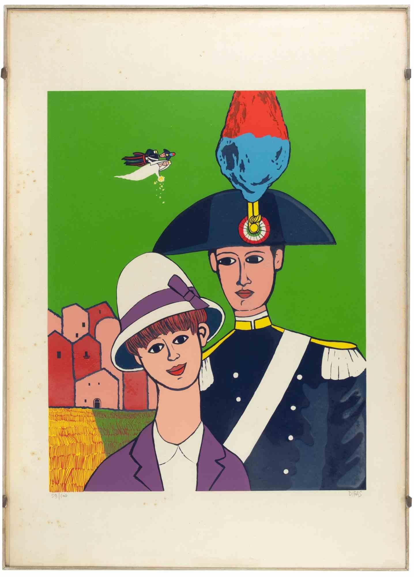 Carabiniers is a contemporary artwork realized by the artist Dipas in the 1970s.

Mixed colored lithograph.

Hand signed on the lower right margin.

Numbered on the lower left margin.

Edition of 59/100.

Foxings on paper.

