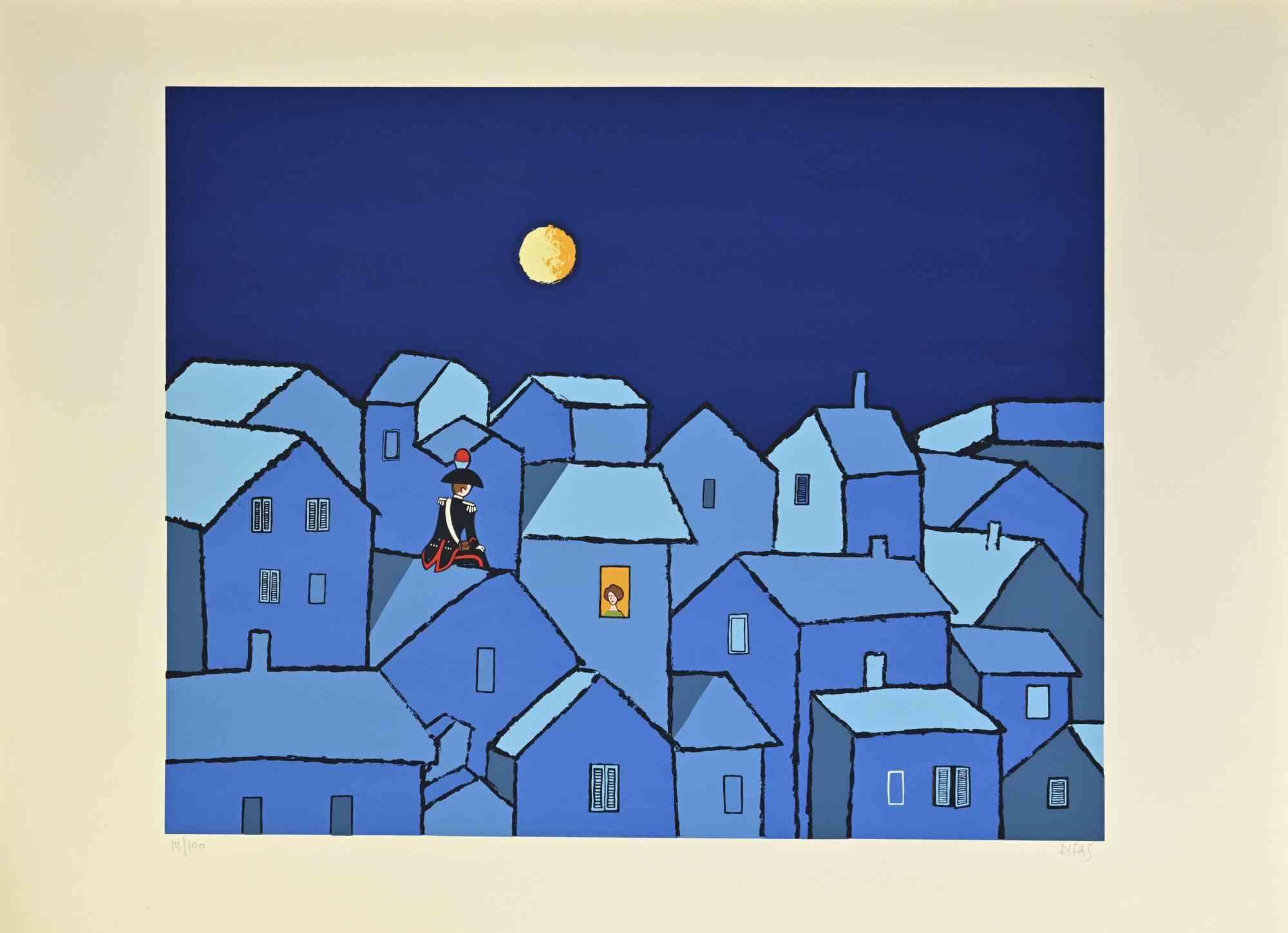 Night meetings is a contemporary artwork realized by the artist Dipas in the 1970s.

Mixed colored screen print.

Hand signed on the lower right margin.

Numbered on the lower left margin.

Edition of 19/100.