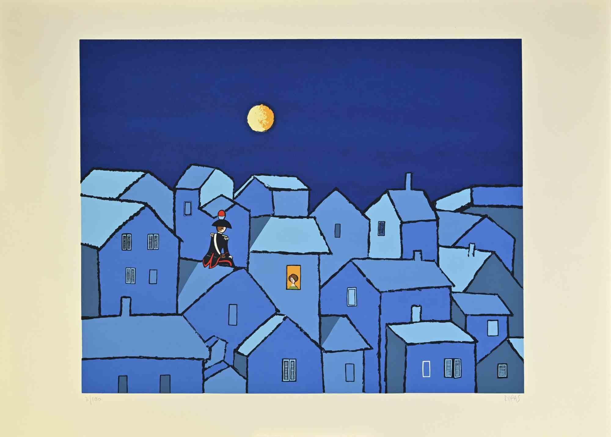 Night meetings is a contemporary artwork realized by the artist Dipas in the 1970s.

Mixed colored screen print.

Hand signed on the lower right margin.

Numbered on the lower left margin.

Edition of 7/100.