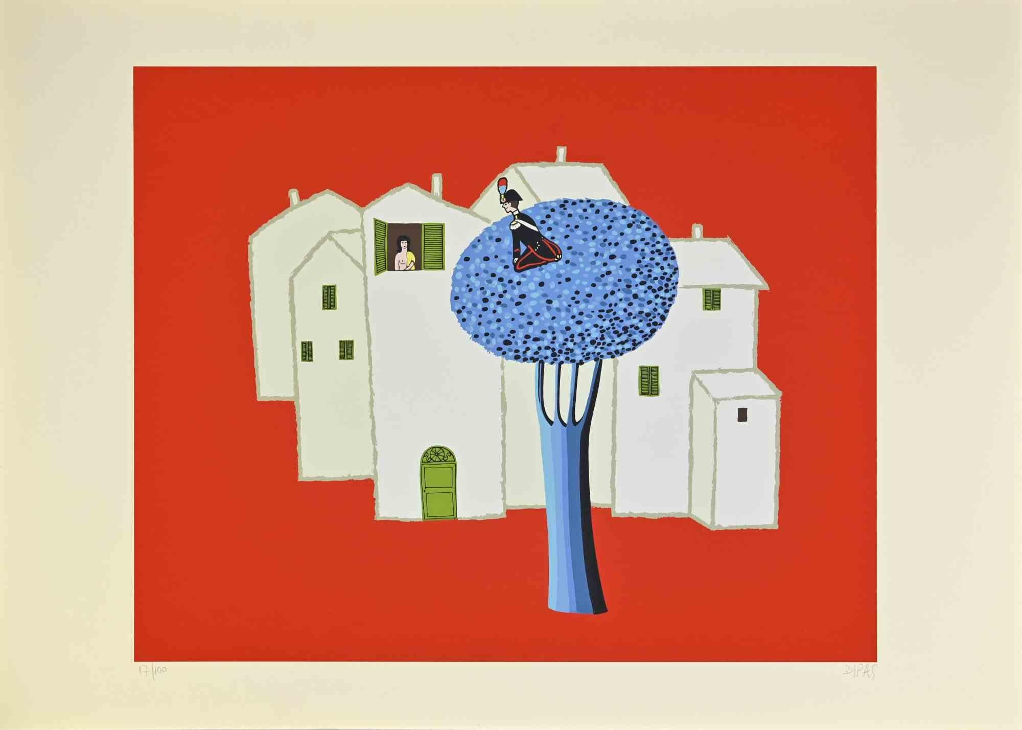 Sur l'arbre bleu est une œuvre d'art contemporain réalisée par l'artiste Dipas dans les années 1970.

Sérigraphie de couleurs mélangées.

Signé à la main dans la marge inférieure droite.

Numéroté dans la marge inférieure gauche.

Édition de 17/100.
