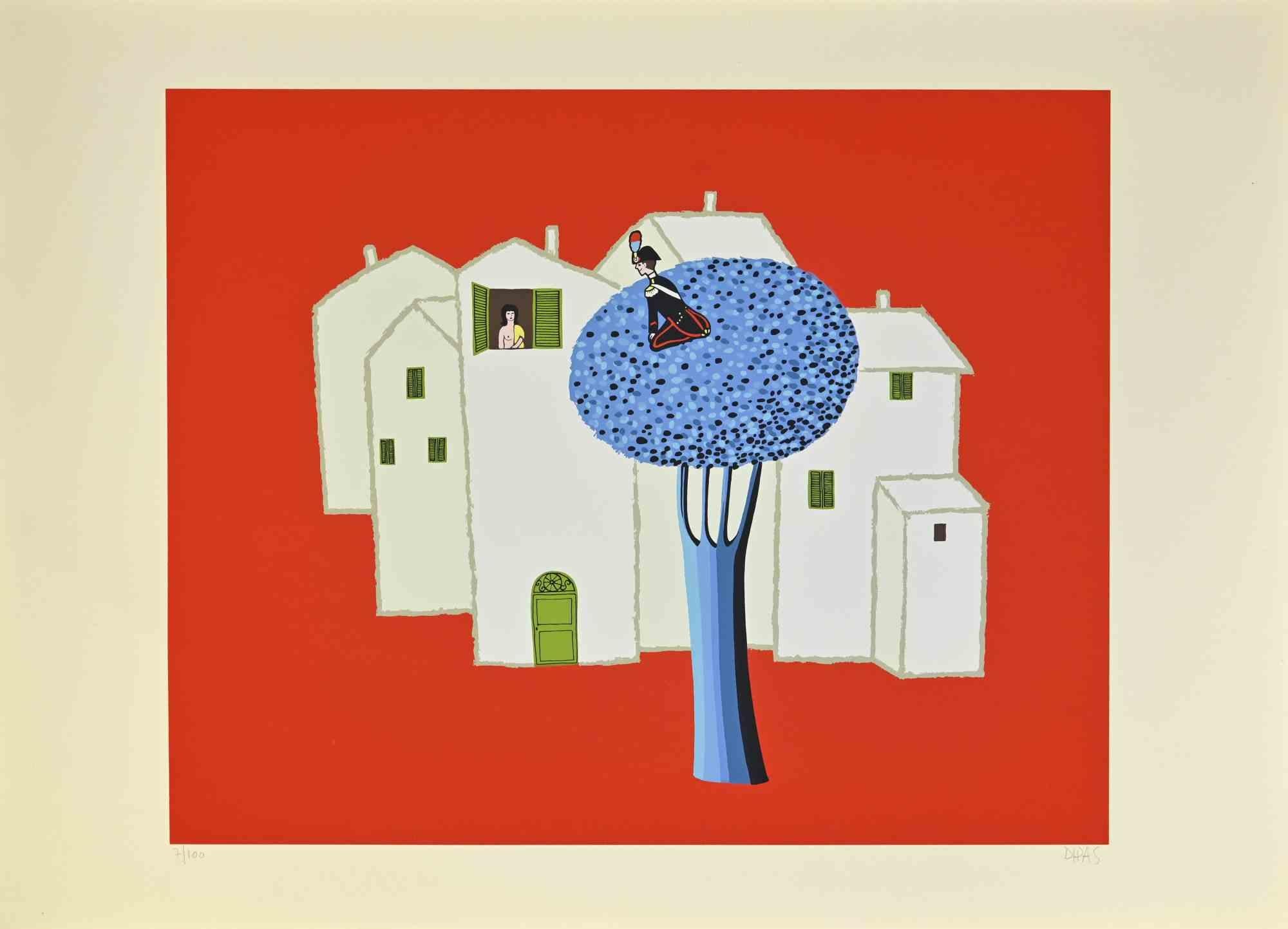 Sur l'arbre bleu est une œuvre d'art contemporain réalisée par l'artiste Dipas dans les années 1970.

Sérigraphie aux couleurs mélangées.

Signé à la main dans la marge inférieure droite.

Numéroté dans la marge inférieure gauche.

Édition de