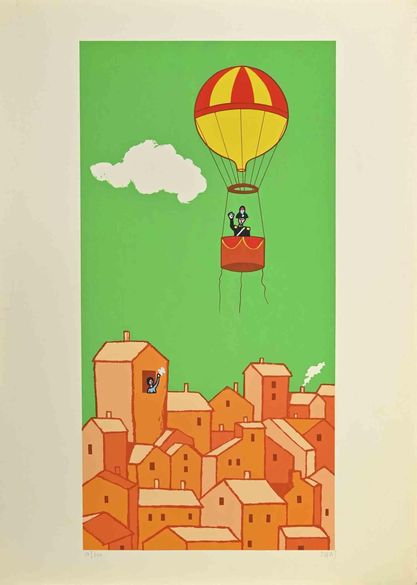 The greeting is a contemporary artwork realized by the artist Dipas in the 1970s.

Mixed colored screen print.

Hand signed on the lower right margin.

Numbered on the lower left margin.

Edition of 17/100.

Yellowing paper.