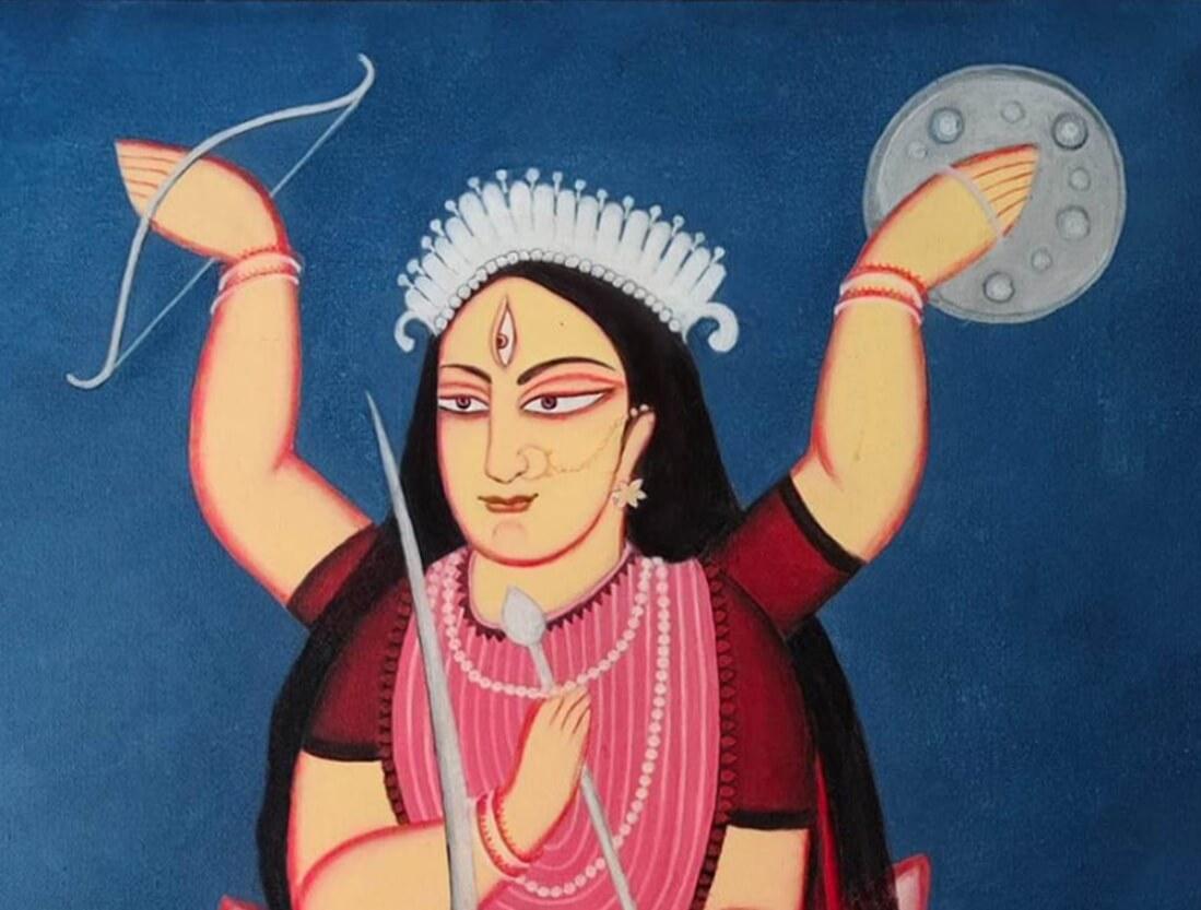 Durga, figuratif, acrylique sur toile, artiste du Bengale Dipen Bose « en stock » en vente 1