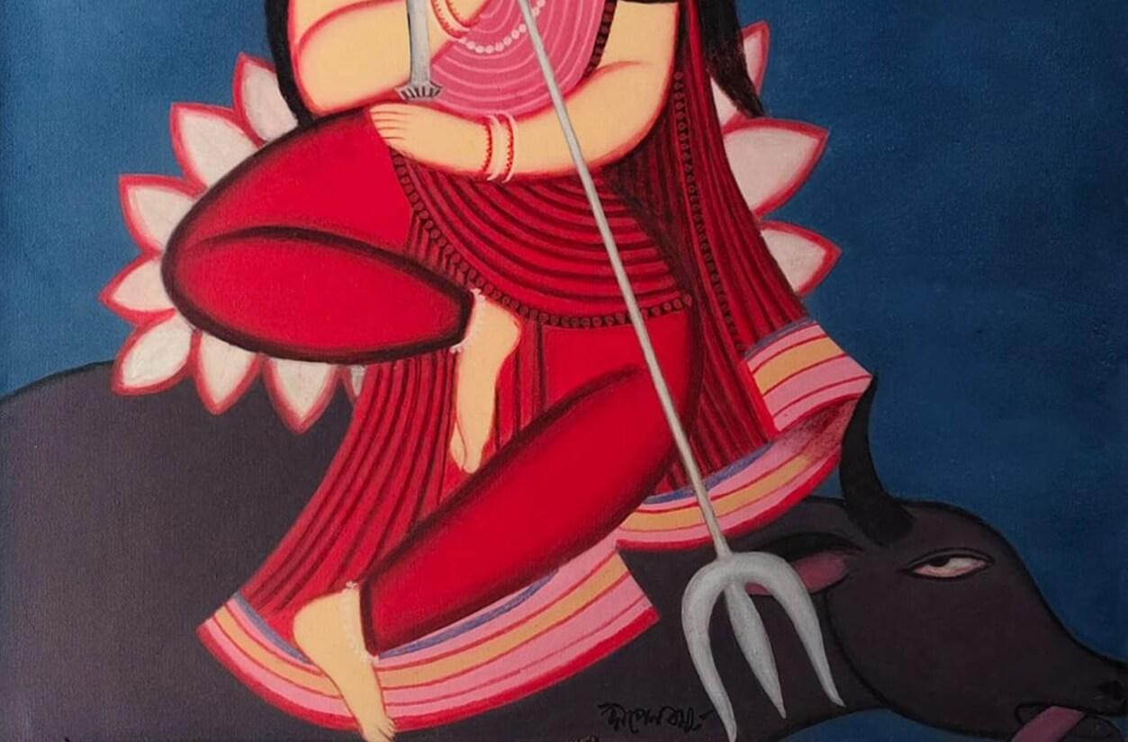 Durga, figuratif, acrylique sur toile, artiste du Bengale Dipen Bose « en stock » en vente 2