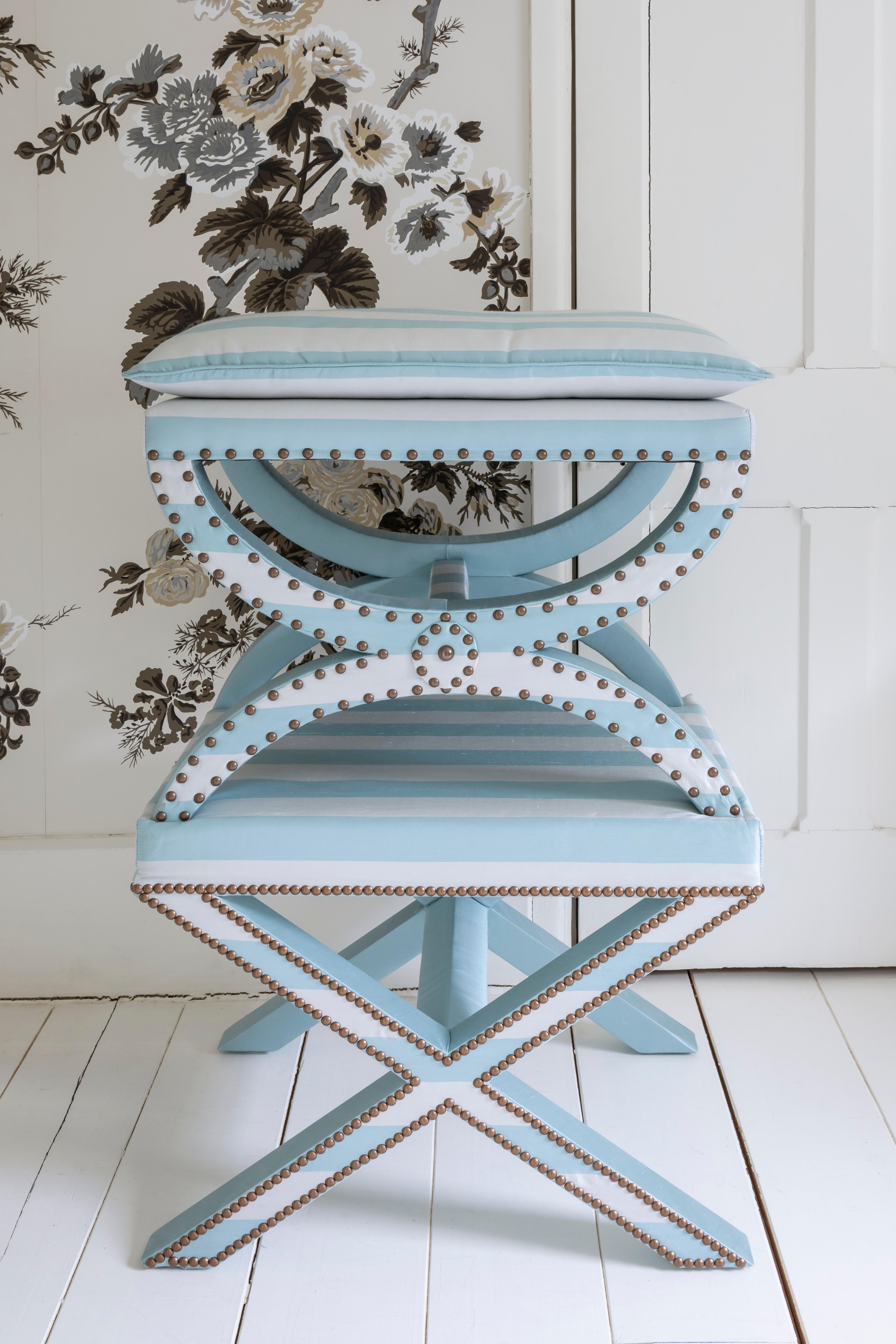 Diphros & Sella Curulis inspired Carla Stool, upholstered in blue stripe silk In New Condition For Sale In London, GB
