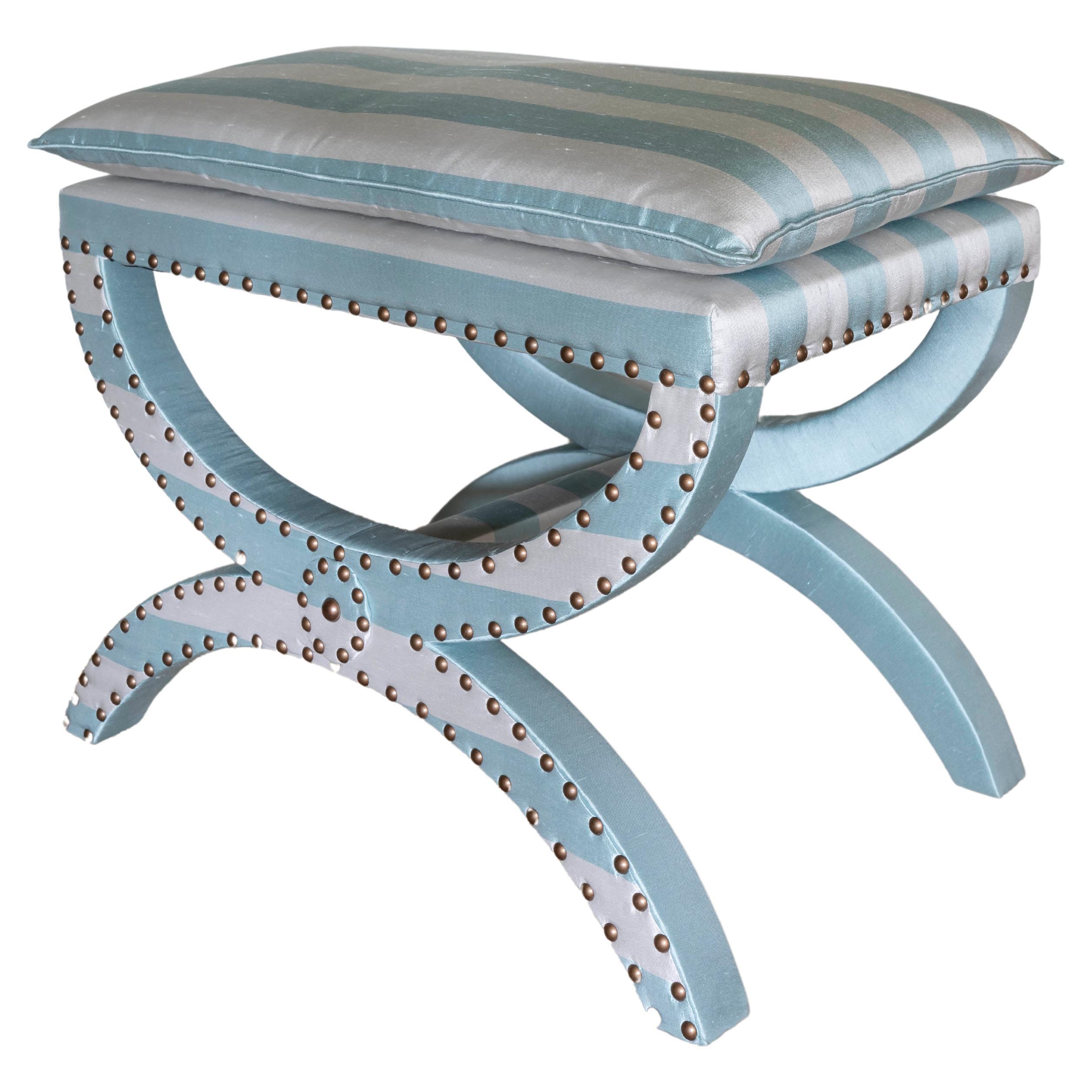 Diphros & Sella Curulis inspired Carla Stool, upholstered in blue stripe silk For Sale