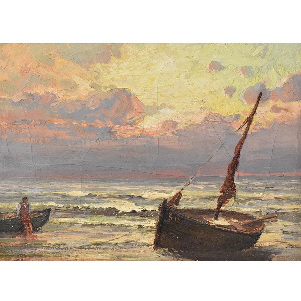 Napoleon III Antique Paintings With Marine, Sea and Boat, Small Oil on Canvas, Late 19th Century For Sale