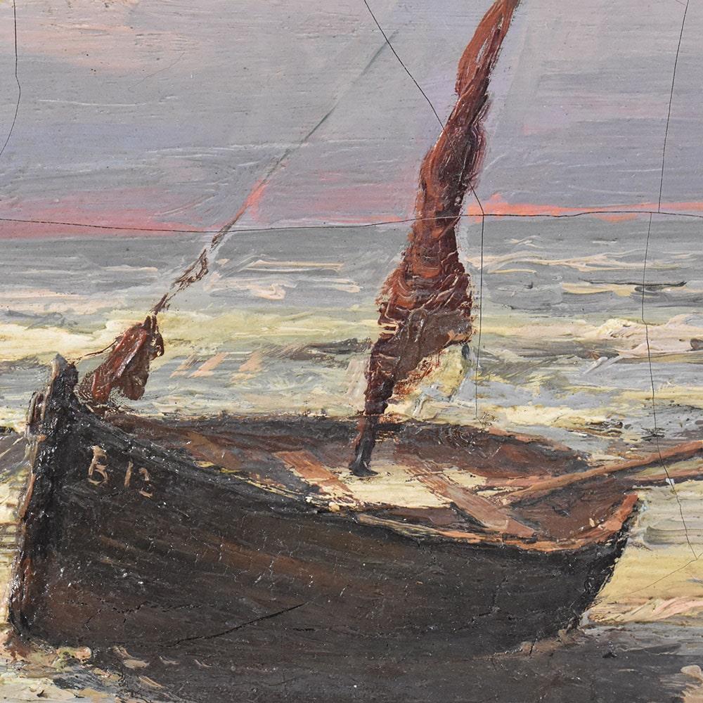 French Antique Paintings With Marine, Sea and Boat, Small Oil on Canvas, Late 19th Century For Sale